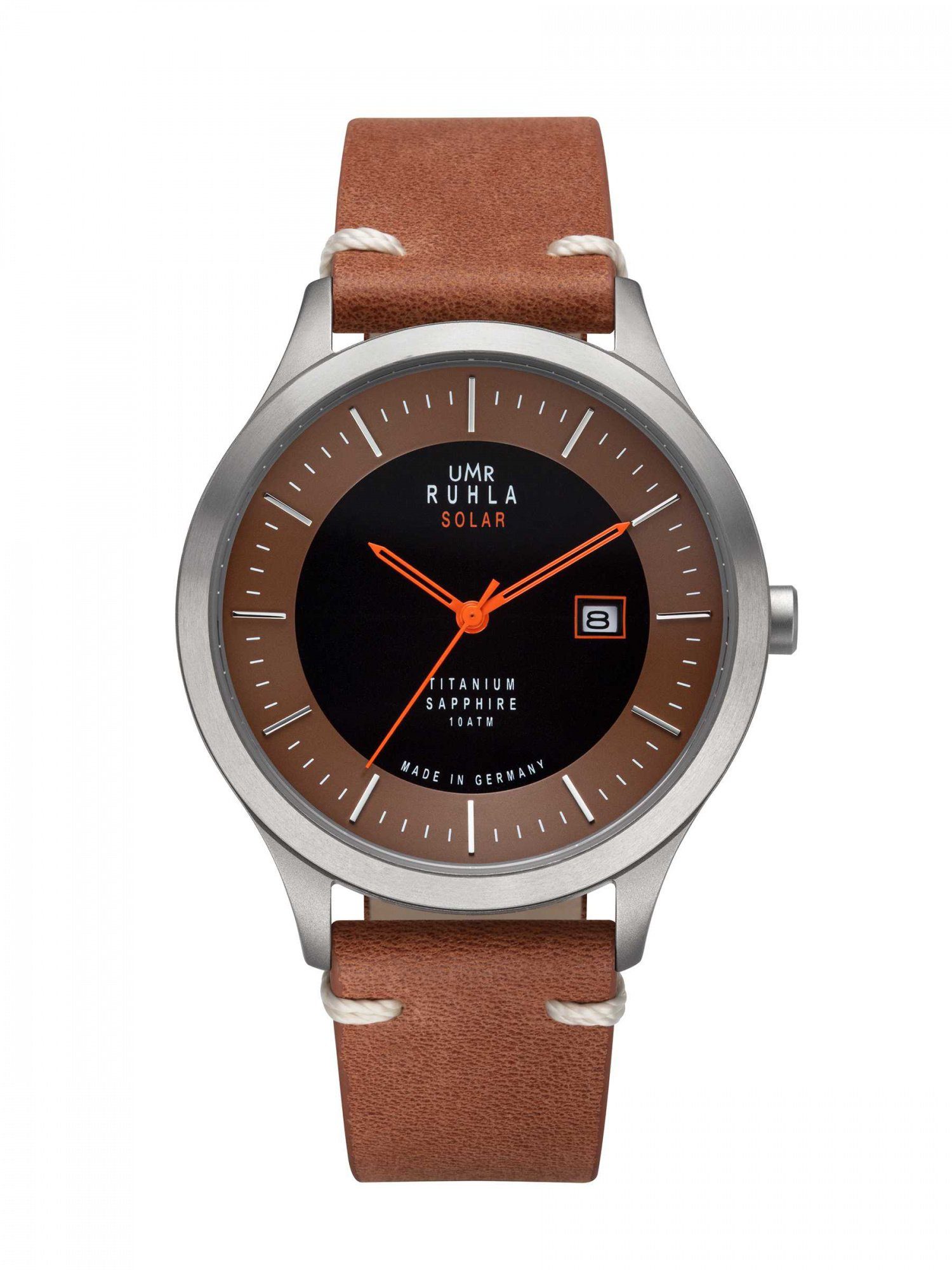 UMR Ruhla Solaruhr Titan Herrenuhr - Saphirglas, Braun Lederband, 42 mm 95951, Made in Germany