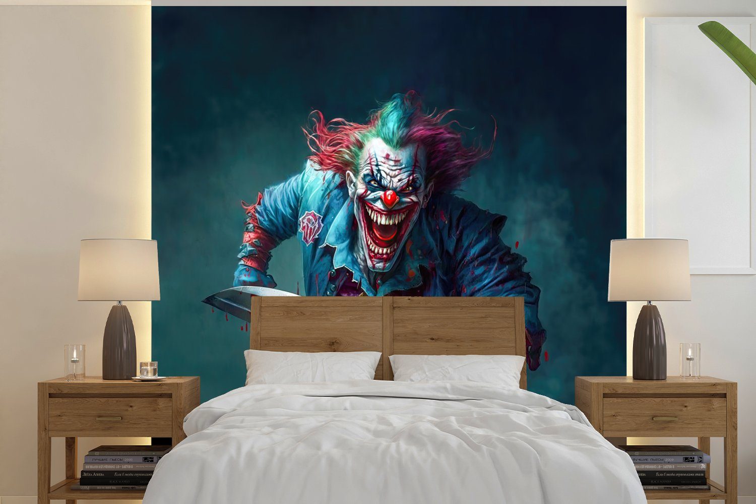 MuchoWow Fototapete Clown - Horror - Messer - Kleidung - Porträt, Matt, bedruckt, (4 St), Vliestapete für Wohnzimmer Schlafzimmer Küche, Fototapete