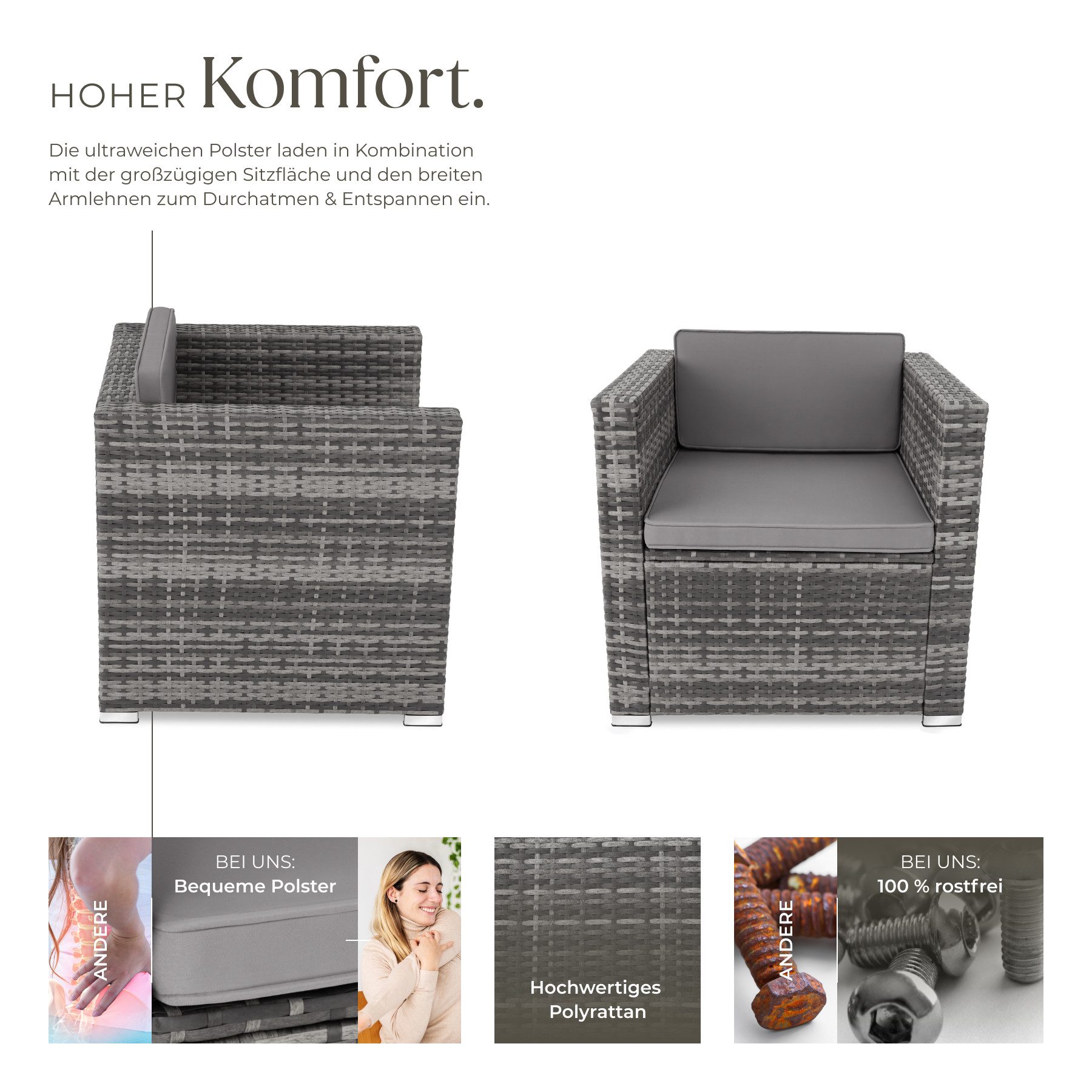 tectake Rattanstuhl Rattansessel (Set, 1 St), Feines Geflecht aus UV-beständigem Polyrattan