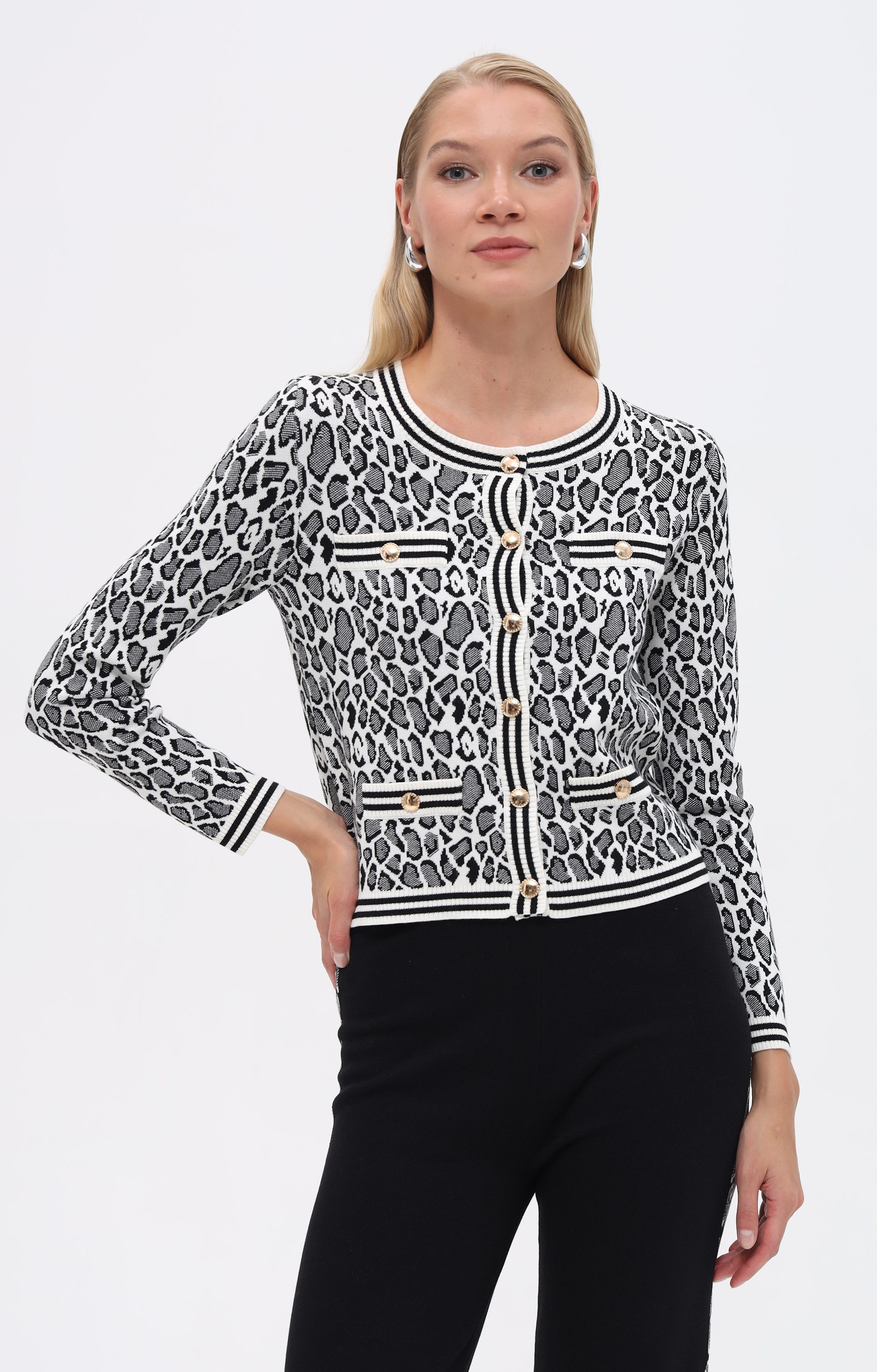 Passioni Strickjacke mit Leopardenmuster und Fronttaschen günstig online kaufen