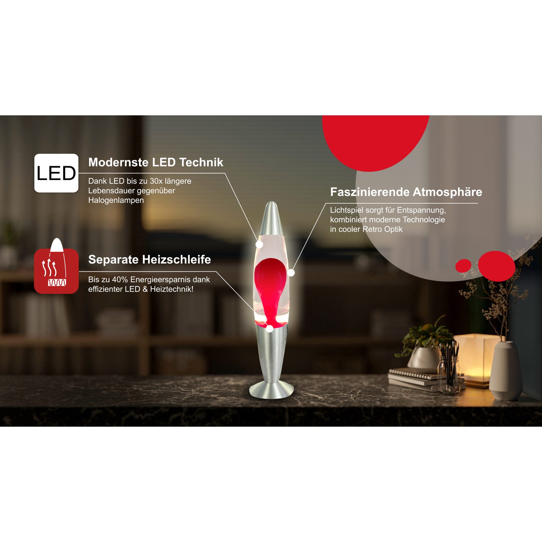 BLULAXA LED Lavalampe BLULAXA LED-Lava-Tischleuchte, 50960, 20W, 34 cm, rot günstig online kaufen