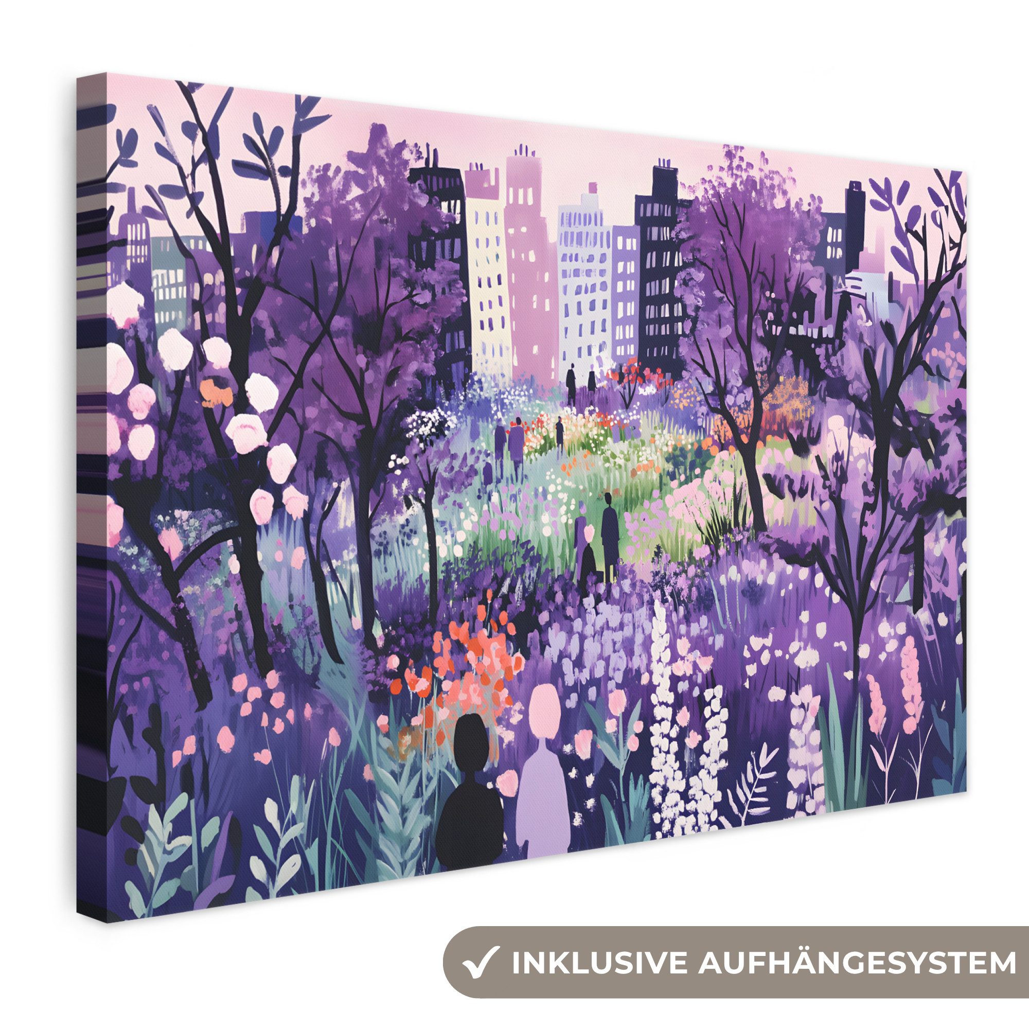 OneMillionCanvasses® Leinwandbild Park - Bäume - Blumen - Gebäude, Fotodruck (1 St), Leinwand Bilder Klein, Wand Dekoration Aesthetic 30x20 cm