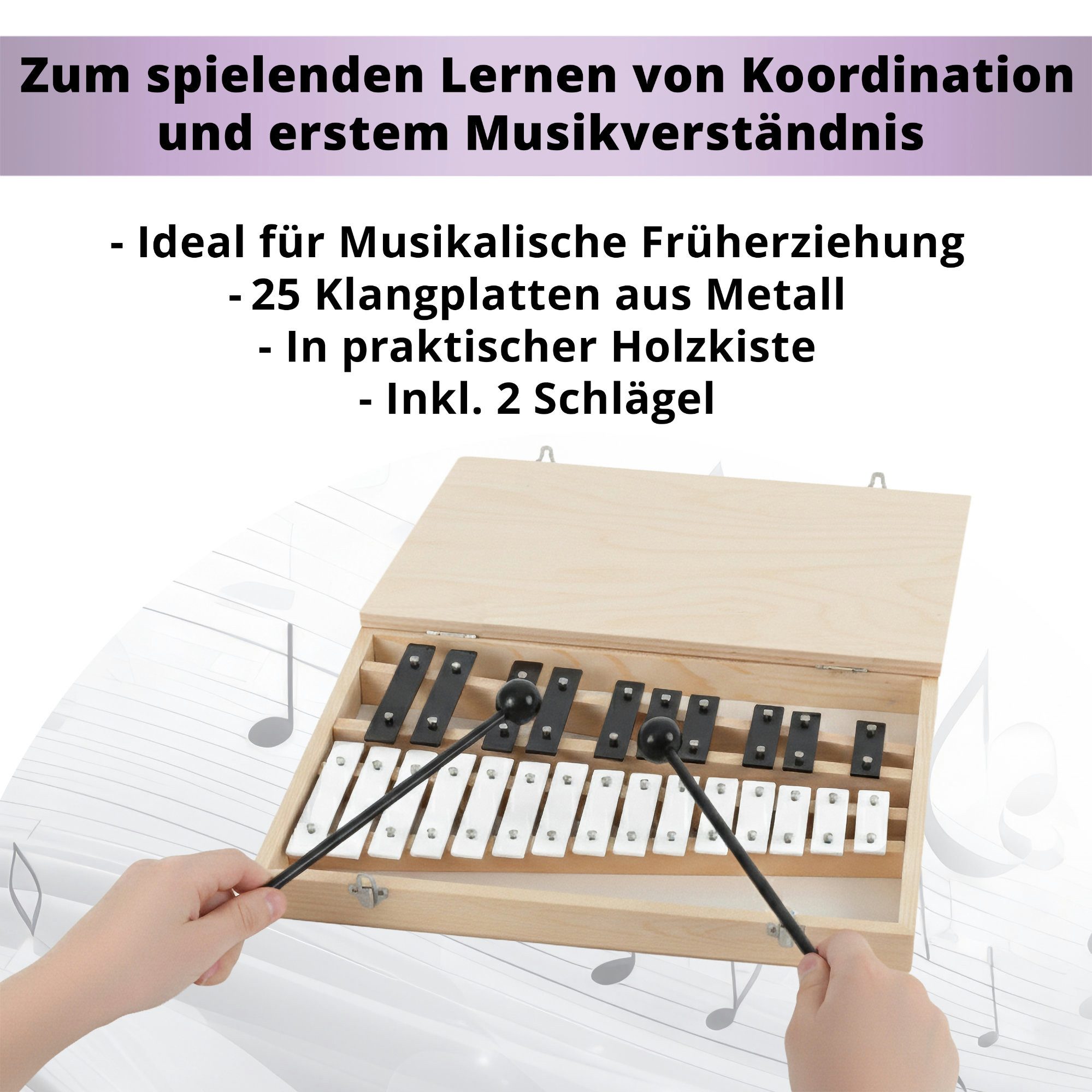 Classic Cantabile Glockenspiel Glockenspiel mit Holzbox Chromatisch - für musikalische Frühstarter, Inkl. praktischem Holzkoffer und 2 Schlägeln, Chromatisch 25 dicke Metall-Klangplatten für vollen Klang