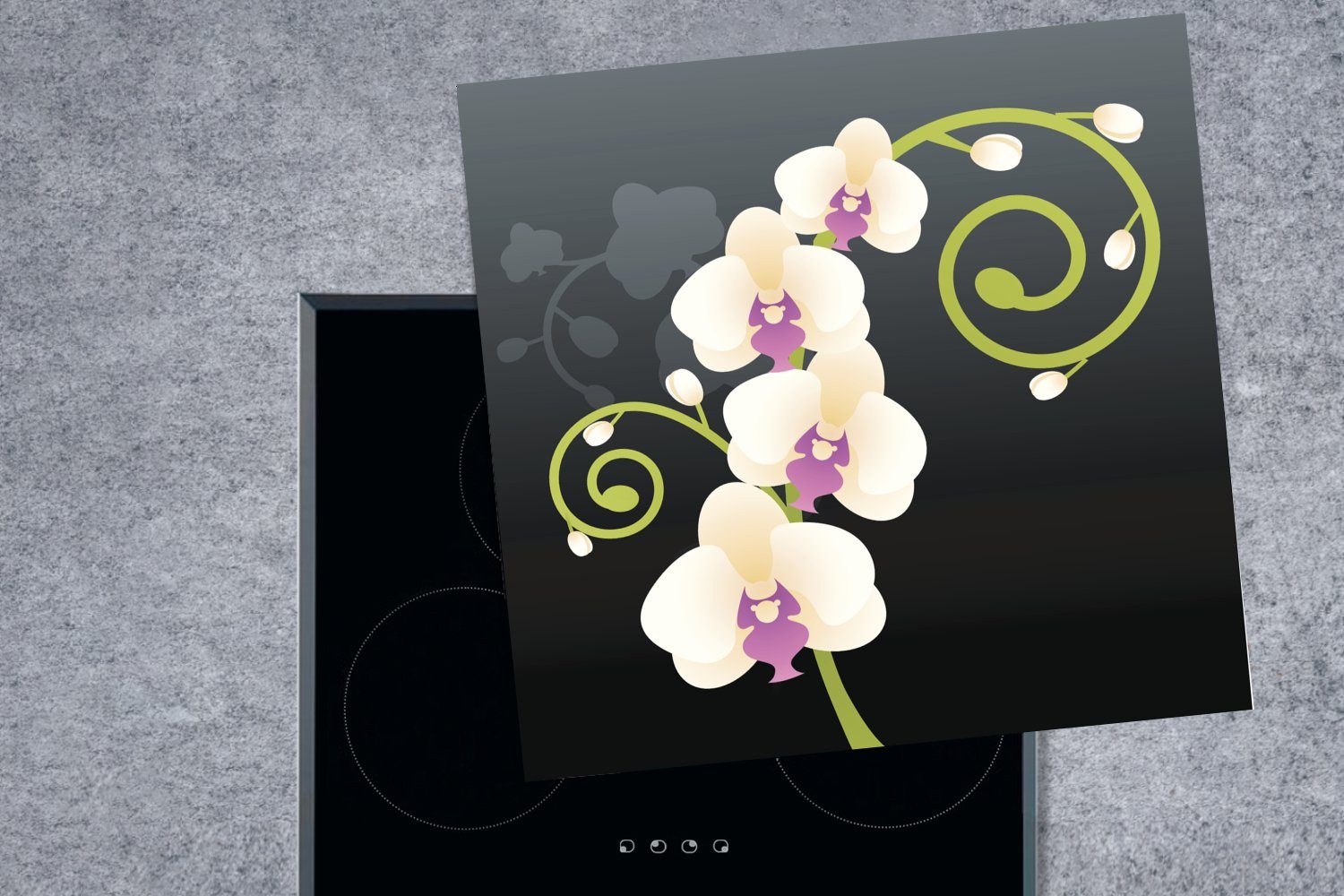 Eine weißen küche krausen Herdblende-/Abdeckplatte tlg), (1 cm, MuchoWow einer Ceranfeldabdeckung, 78x78 Illustration Vinyl, für Arbeitsplatte Orchidee,
