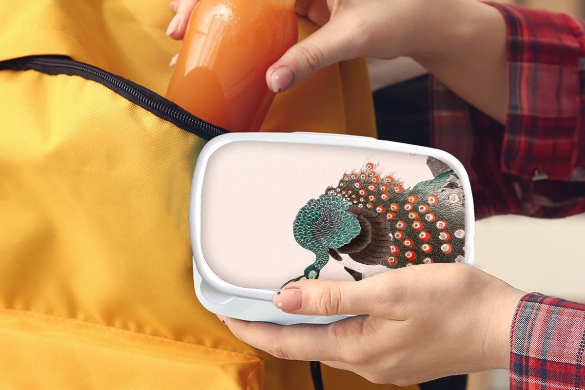 Japanisch Brotbox Brotdose, Pfauenfedern - MuchoWow weiß für und Vintage, Pfau Mädchen für Kunststoff, Lunchbox - Jungs Kinder und (2-tlg), Erwachsene, -