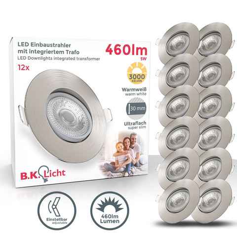 B.K.Licht LED Einbaustrahler 12er Set ultra-flache Einbauleuchten 90mm schwenkbar - BKL1281, LED fest integriert, Warmweiß, Decken-Einbauspots Einbautiefe 24mm 5W 460lm 3000K Matt-Nickel