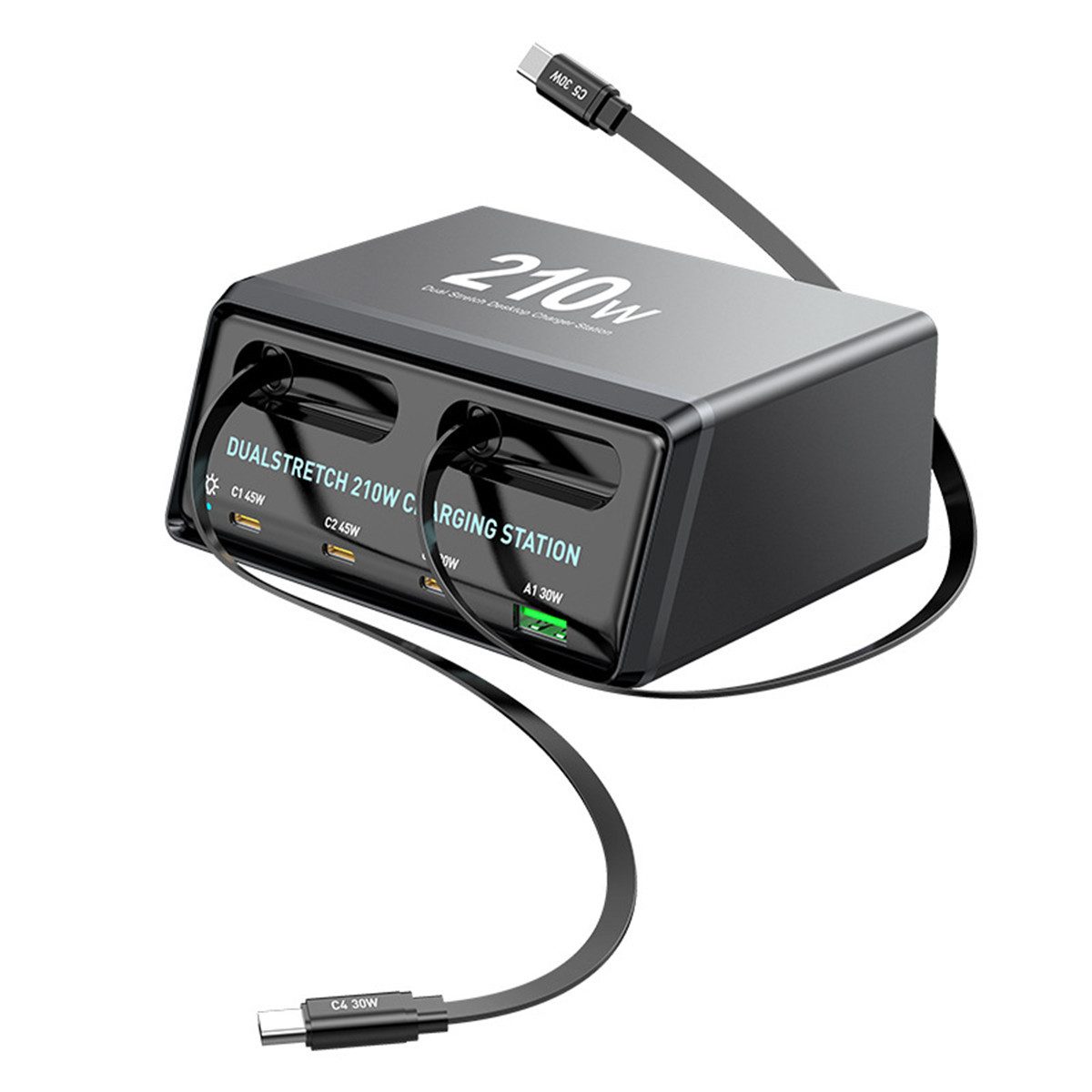 Insma 210W GaN 6-in-1 Desktop Ladestation Schnellladegerät mit 2x USB Kabel, USB-Ladegerät (6 Ports(3x USB-C+3x USB-A) für iPhone17/16/15 für Huawei für VIVO)