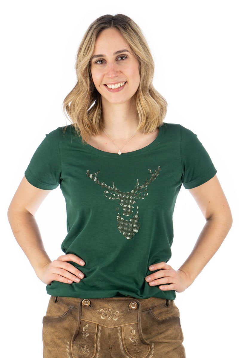 OS Trachten Trachtenshirt Uginoy Kurzarm T-Shirt mit Strass-Hirsch auf der Brust