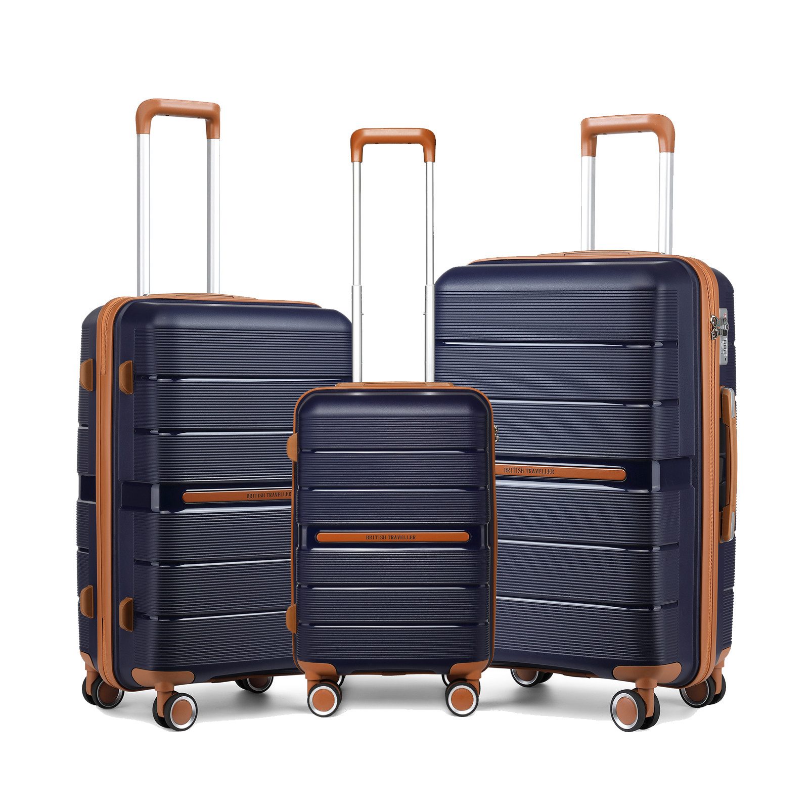 British Traveller Handgepäck-Trolley Reisekoffer Hartschalenkoffer aus 100% PP 8 Spinnerräder, TSA-Schloss
