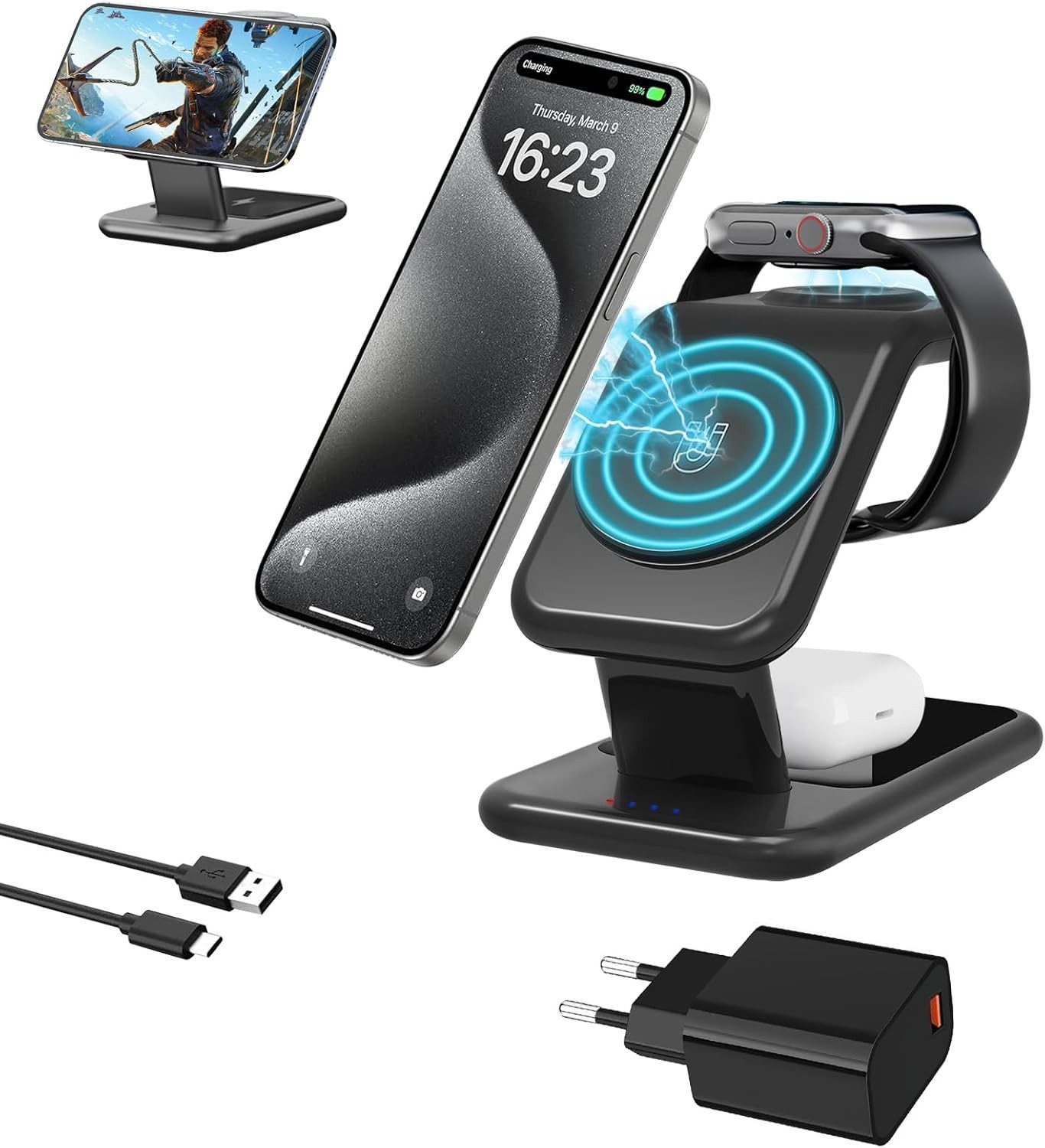 LA CUTE MagSafe Ladeständer iPhone, Apple Watch Kabelloses Laden Wireless Charger (2000,00 mA, 3-in-1 MagSafe Wireless Charger für iPhone, Apple Watch und AirPods., Magsafe-Ladegerät für iPhone, Apple Watch & AirPods, magnetisch, Schnelles Laden mit 18 W
