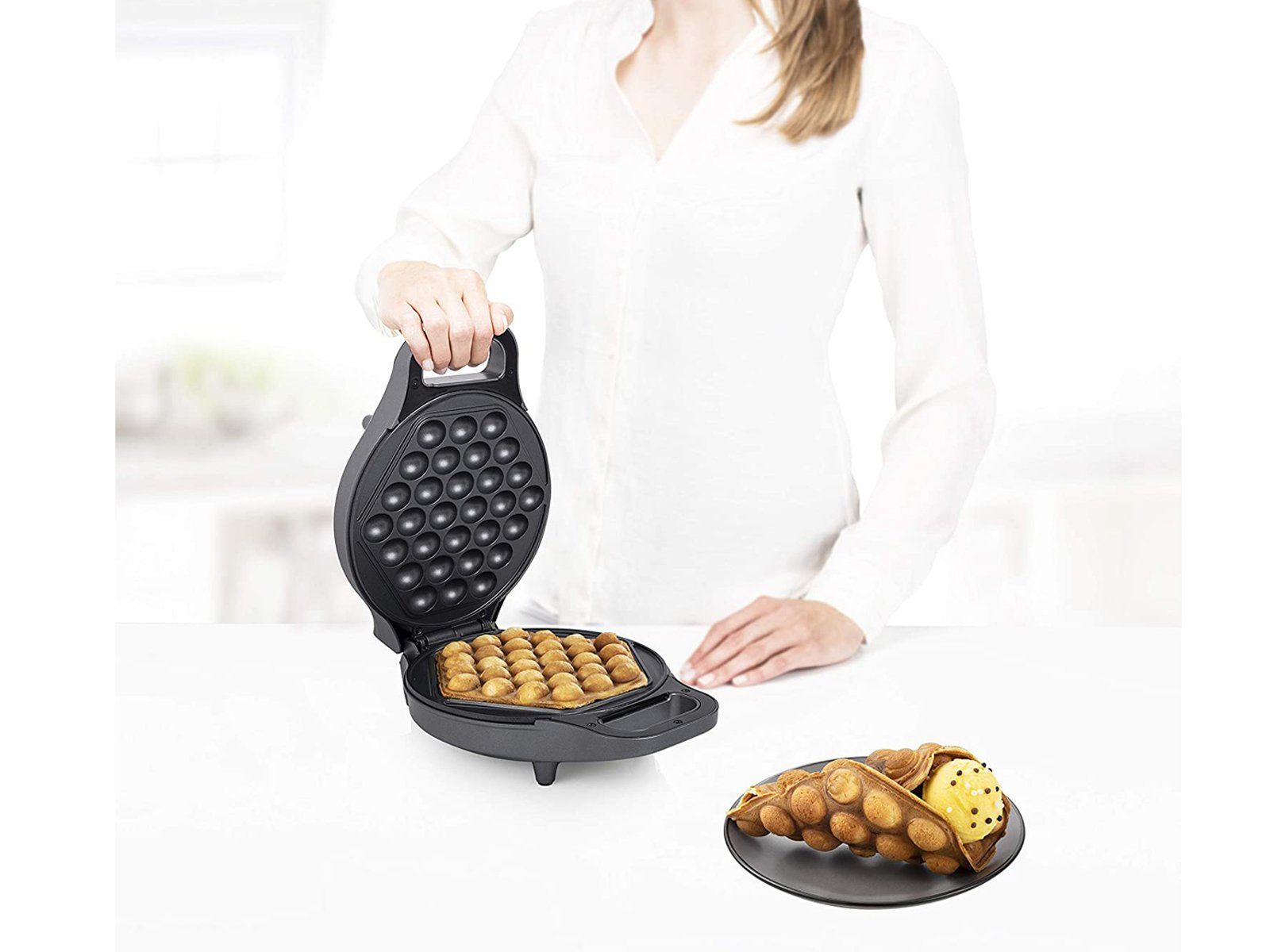 PRINCESS Waffeleisen, 700 W, für Bubble Eierwaffeln Waffelhörnchen Wafflemaker mit Waffel-Gabel