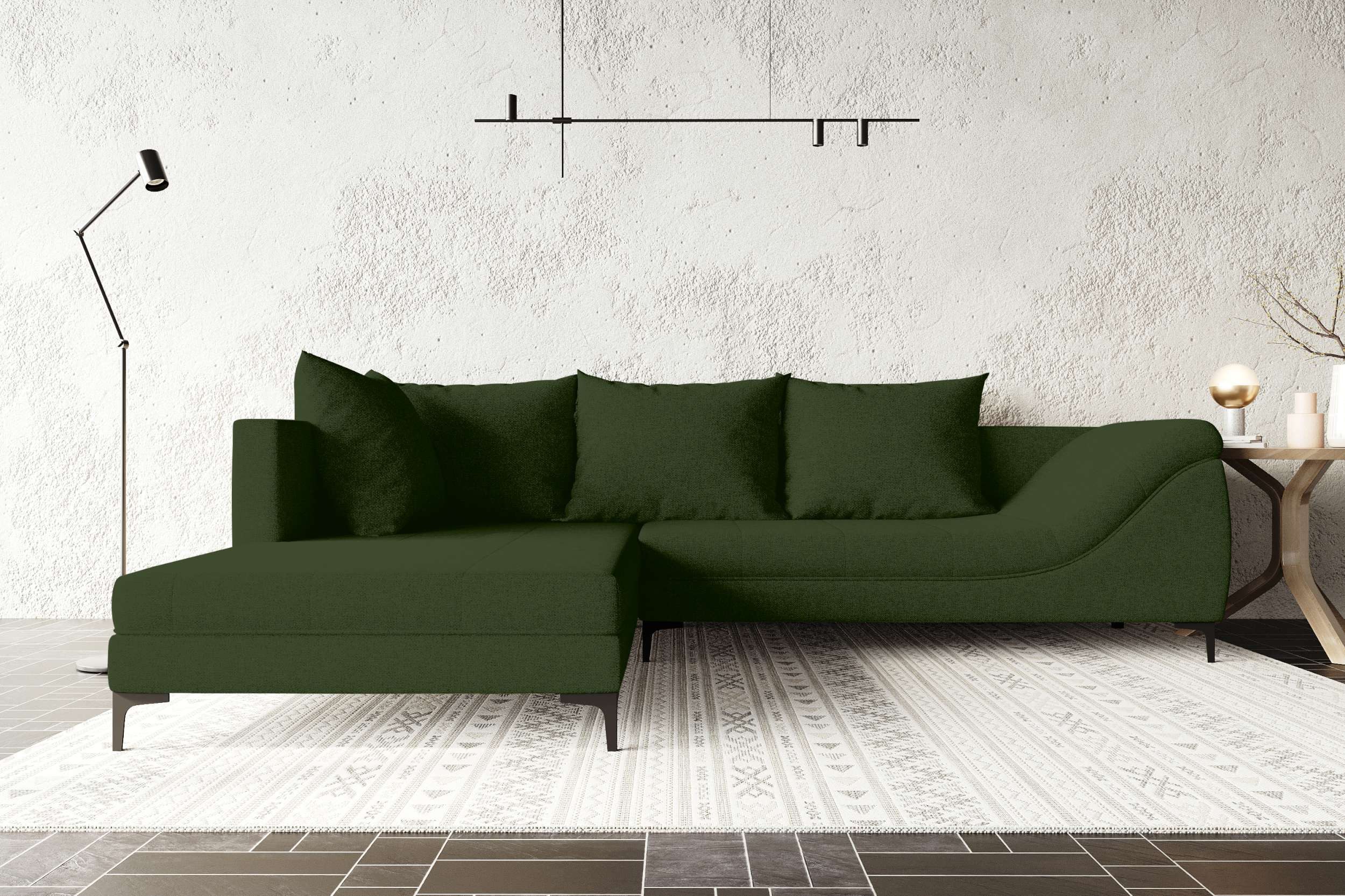 99rooms Ecksofa Loni, Ottomane links/rechts, 4 Rückenkissen, stabile Metallfüße
