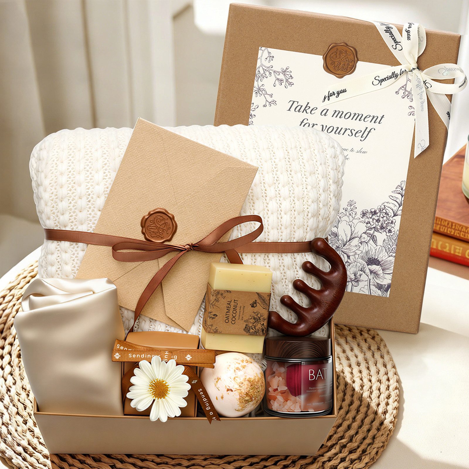 Insma Pflege-Geschenkset 9tlg Spa Geschenkset Luxus Beauty-Geschenkbox für Frauen, mit Strickdecke 130×170cm, Massagekamm, Schlafhaube, Seife, Badebombe, ideal zum Geburtstag, Valentinstag & Muttertag