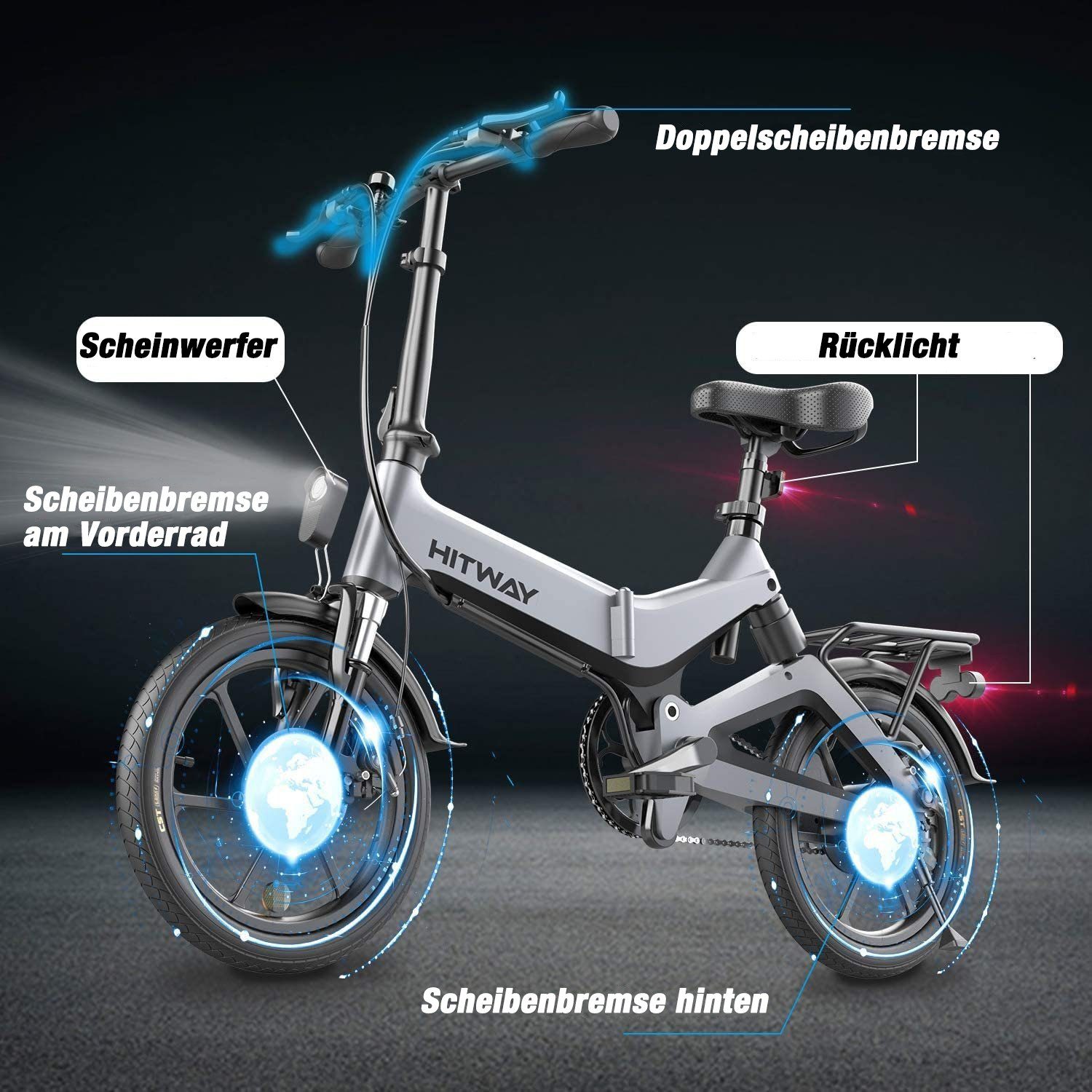 E-Bike Akku, bürstenlose Motor, 16 Faltrad Elektrofahrräder Zoll, Klapprad 250W Grau HITWAY Wh Wartungsfreie 280 Elektrofahrrad Ebike