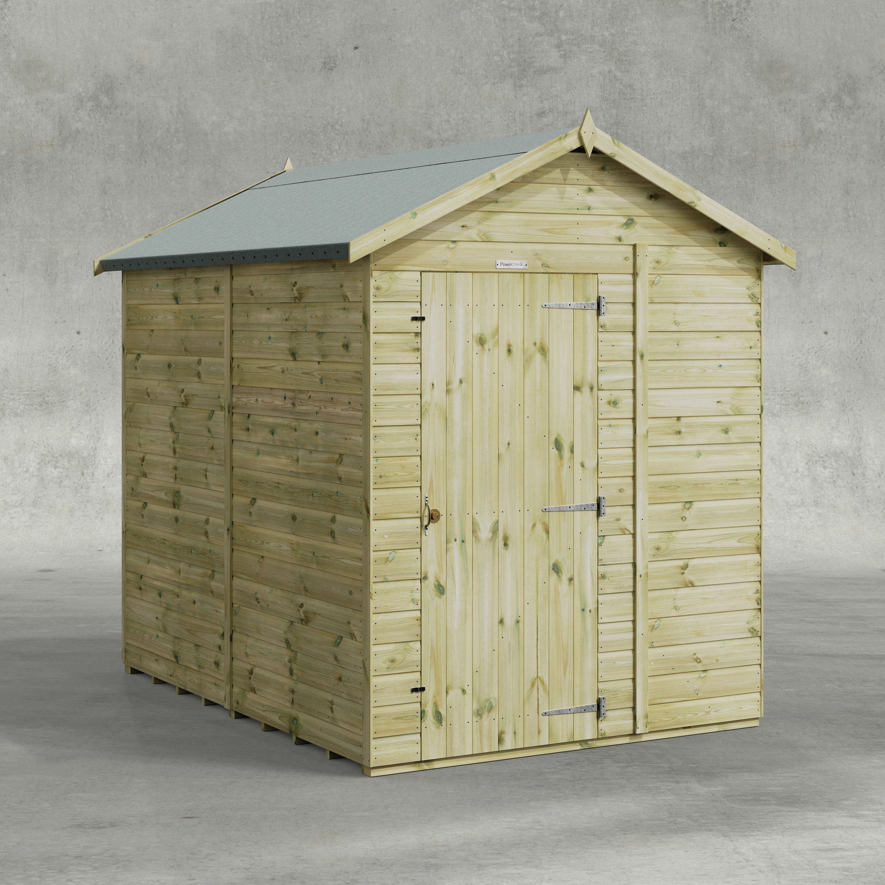 Powersheds Gartenhaus mit Premium Satteldach aus Nut- und Feder Vollholz ohne Fenster, BxT: 240x180 cm, (Polyester-verstärkte Dachpappe, gehärtetes Glas, hochwertiges Holz), Hochwertiges Holz
