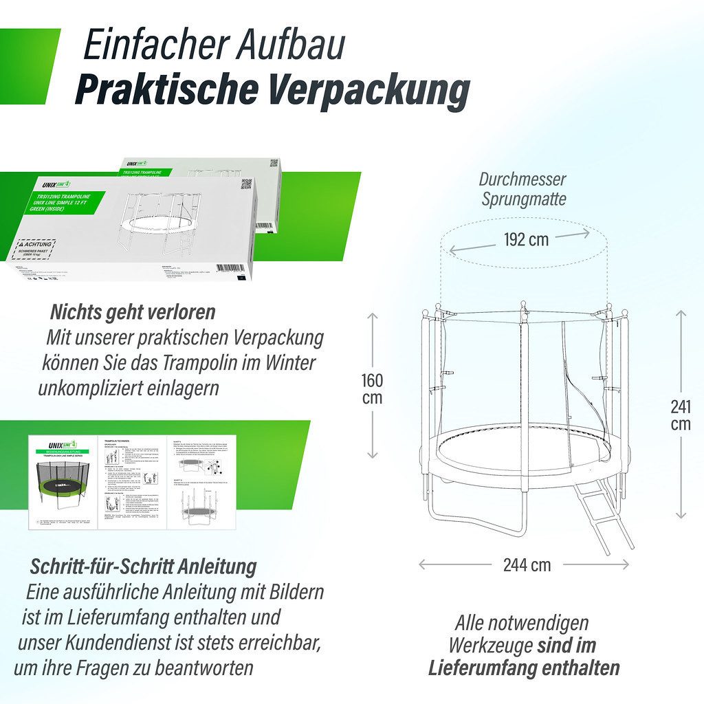 UNIXFIT Gartentrampolin Unix Line Outdoor Trampolin 244/305/366, Ø 244 cm, mit Leiter und Innensicherheitsnetz