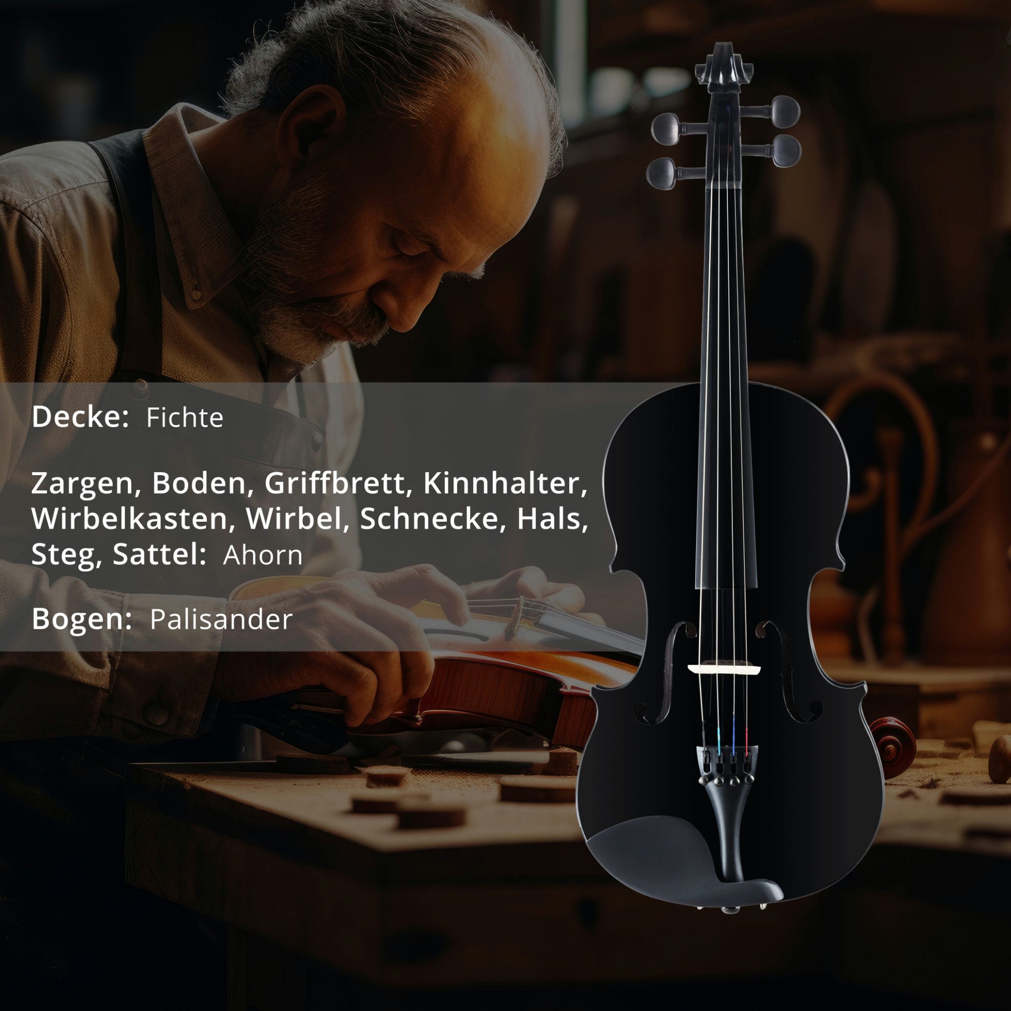 Classic Cantabile Violine VP-100BK 4/4 Violinenset Schwarz - Klassisches Design - Moderne Optik, Komplettset, Einsteiger/Schülerinstrument, inkl. Bogen, Koffer, Kolophonium und Ersatzsaiten