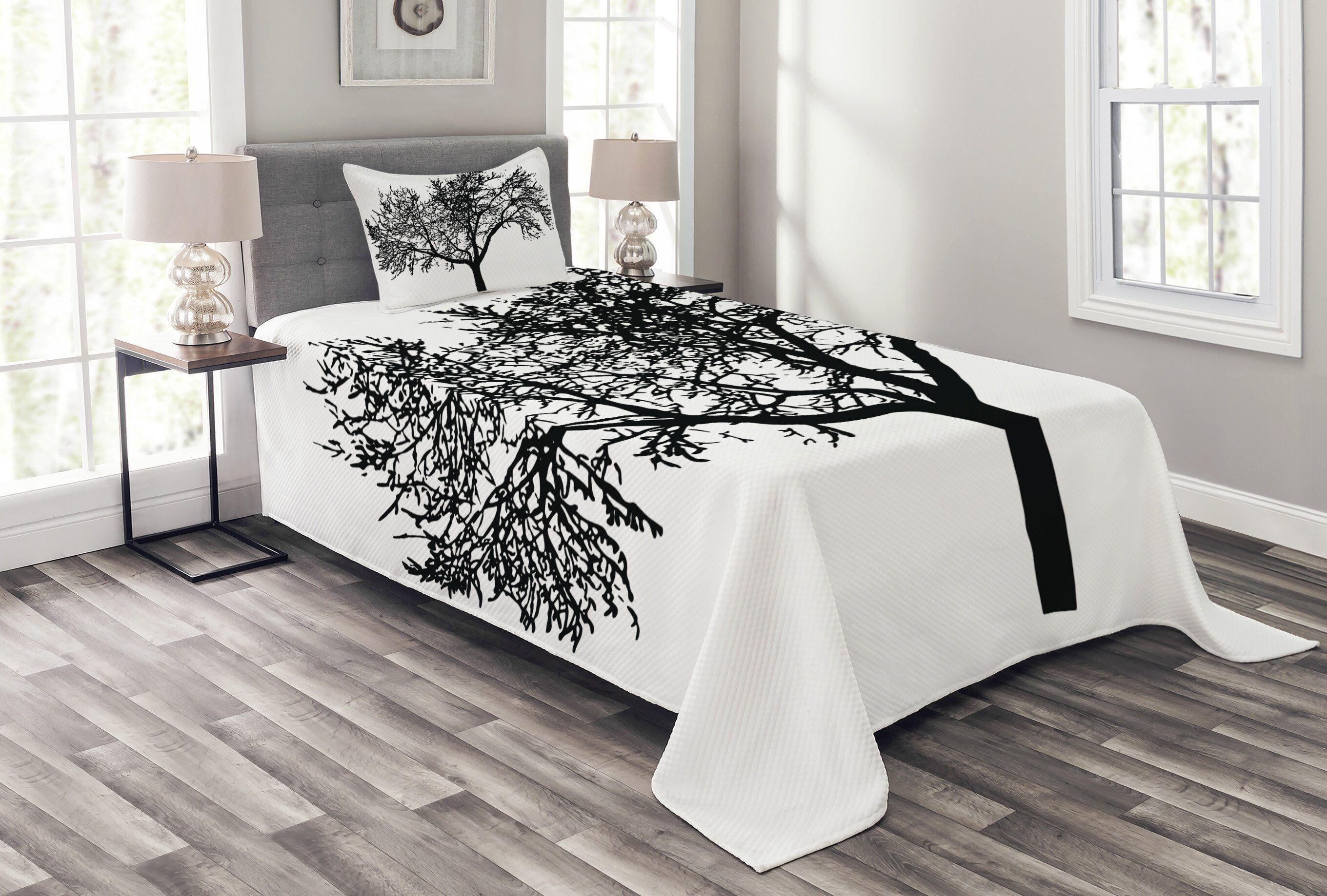 Baum Kissenbezügen Silhouette Abakuhaus, mit Zweige Tagesdecke Kahle Waschbar, Kunst Set