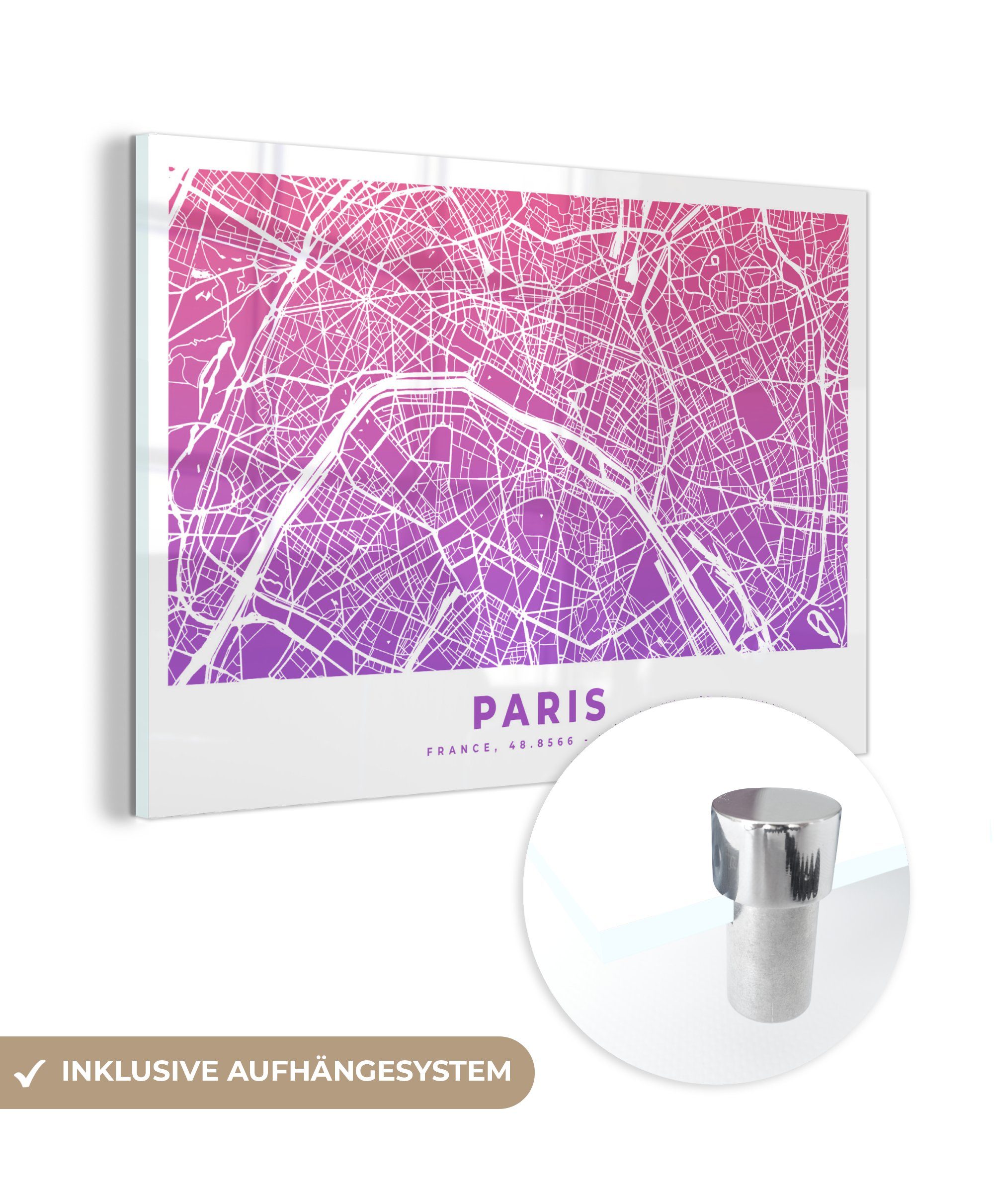 MuchoWow Acrylglasbild Paris - Stadtplan - Frankreich, (1 St), Acrylglasbilder Wohnzimmer & Schlafzimmer