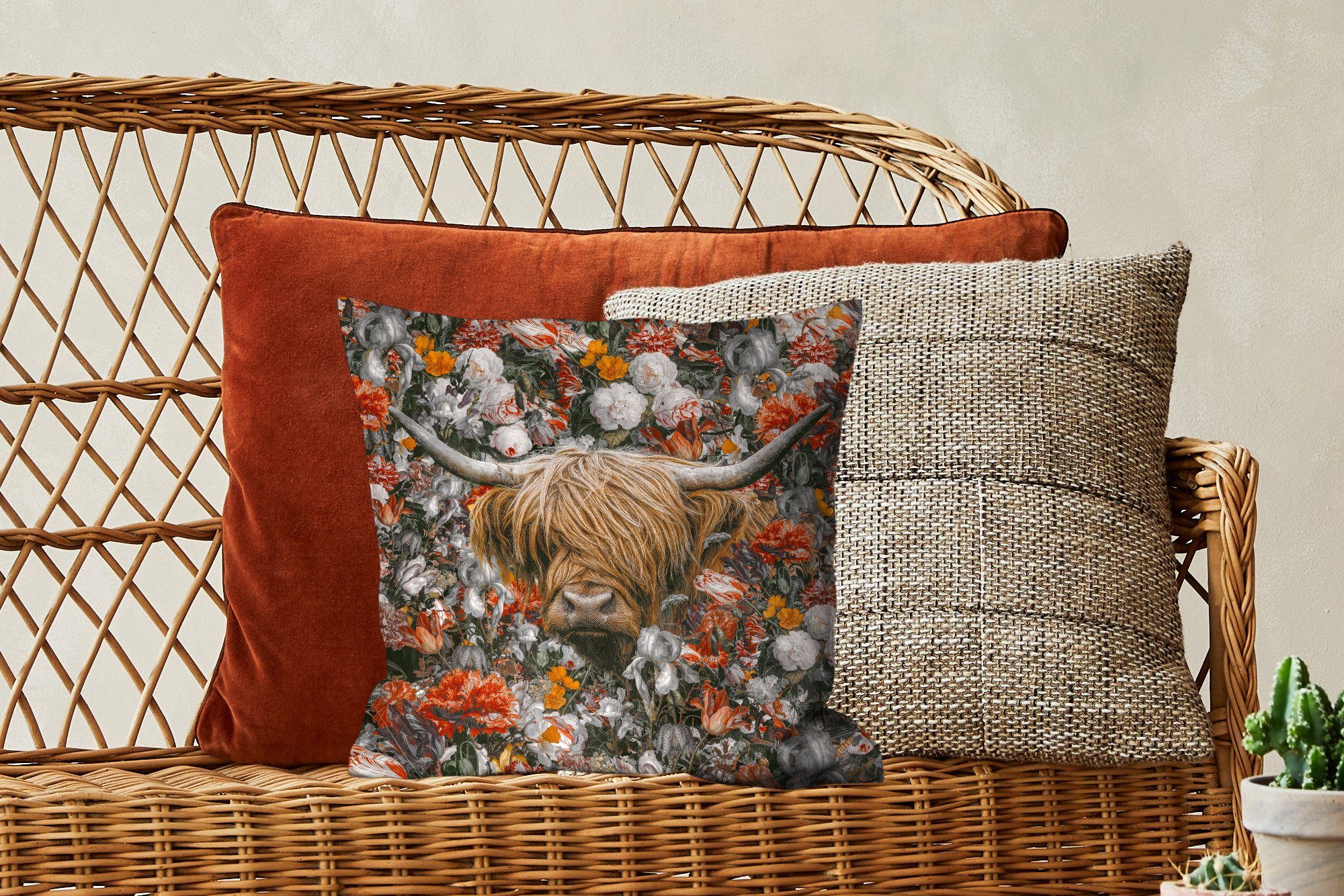 Schlafzimmer, Orange, Dekokissen Schottischer Highlander für Füllung Blumen Zierkissen MuchoWow Deko, mit Sofakissen - - Wohzimmer,
