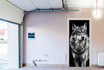 MuchoWow Türtapete Wolf - Tiere - Wild - Schwarz - Weiß, Matt, bedruckt, (1 St), Fototapete für Tür, Türaufkleber, 75x205 cm