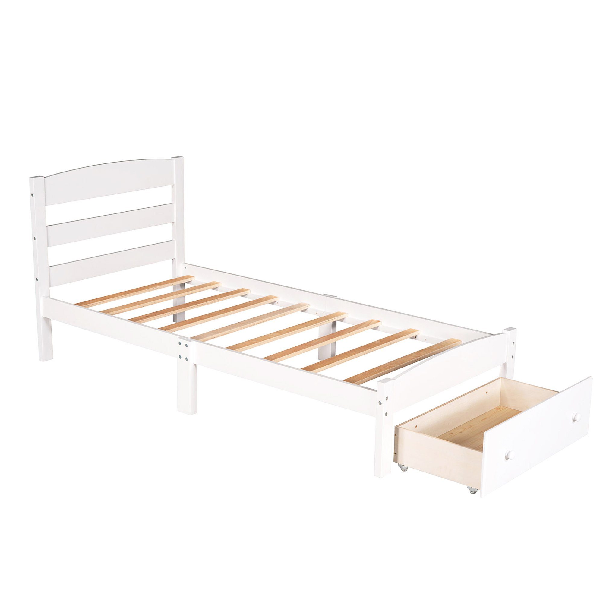 Kinderbett (1-tlg), Jugendbett 90x200 Funktionsbett aus Kiefernholz Weiß mit Schublade und Lattenrost