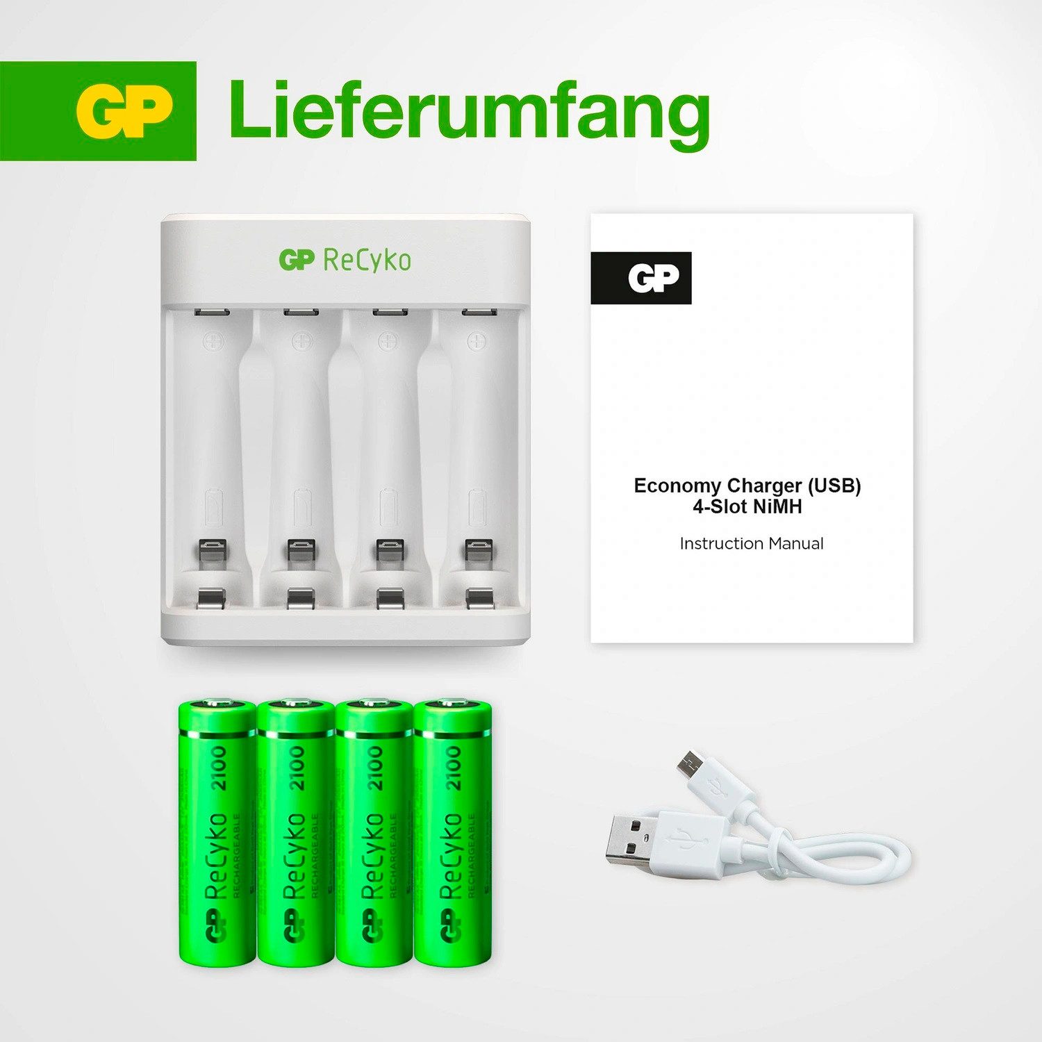 GP Batteries USB Akku-Ladegerät AA / AAA + 4x AA-Akku ReCyko Akku-Set Mignon 2100 mAh (1,2 V, 5 St), Kompakt Lader E411 + 4x AA 2100mAh Mignon LR06 LR6 Batterie Accu