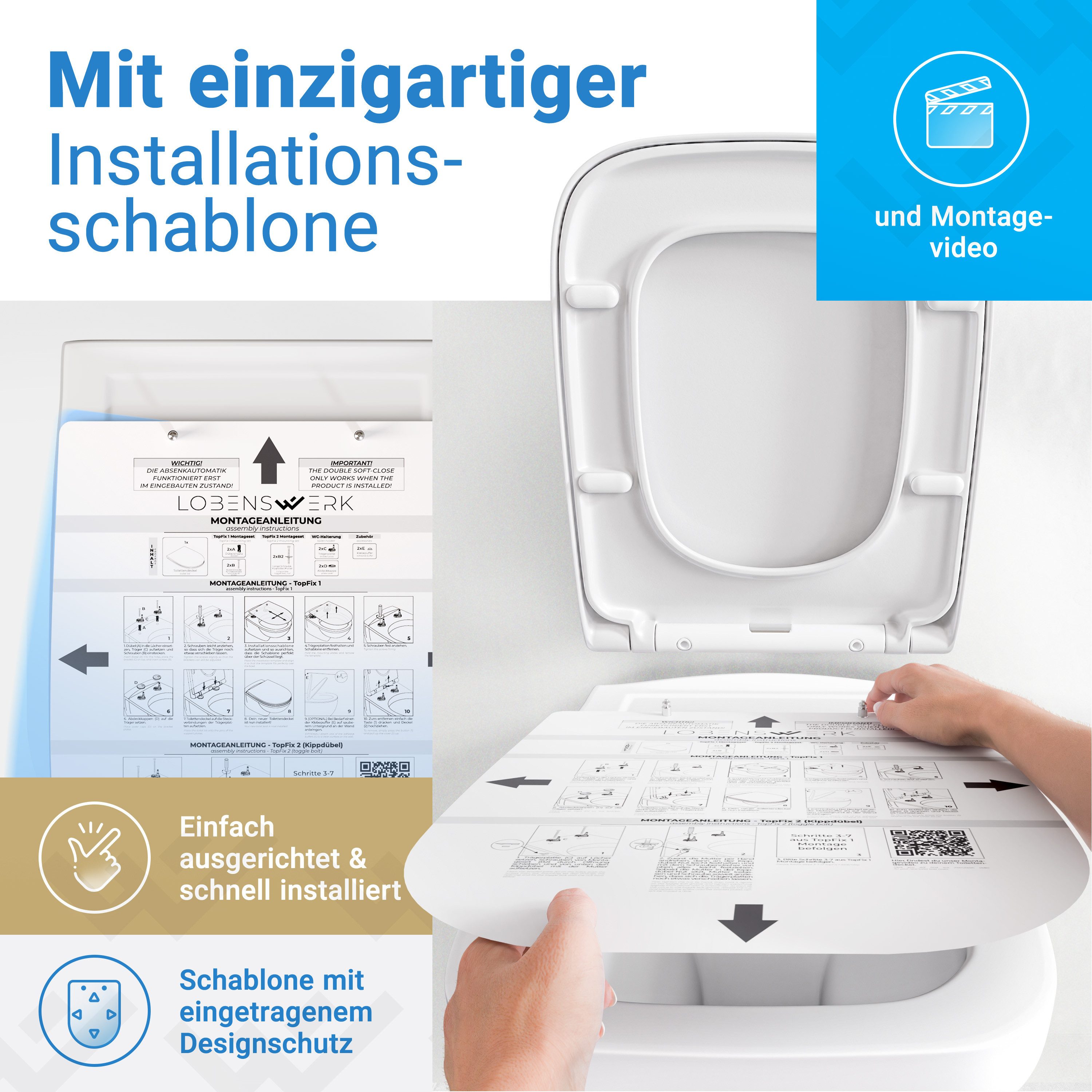 Lobenswerk WC-Sitz Toilettendeckel mit Absenkautomatik, Klodeckel, Klobrille, SoftClose, antibakteriell, UV-beständig, inkl. Installationsschablone