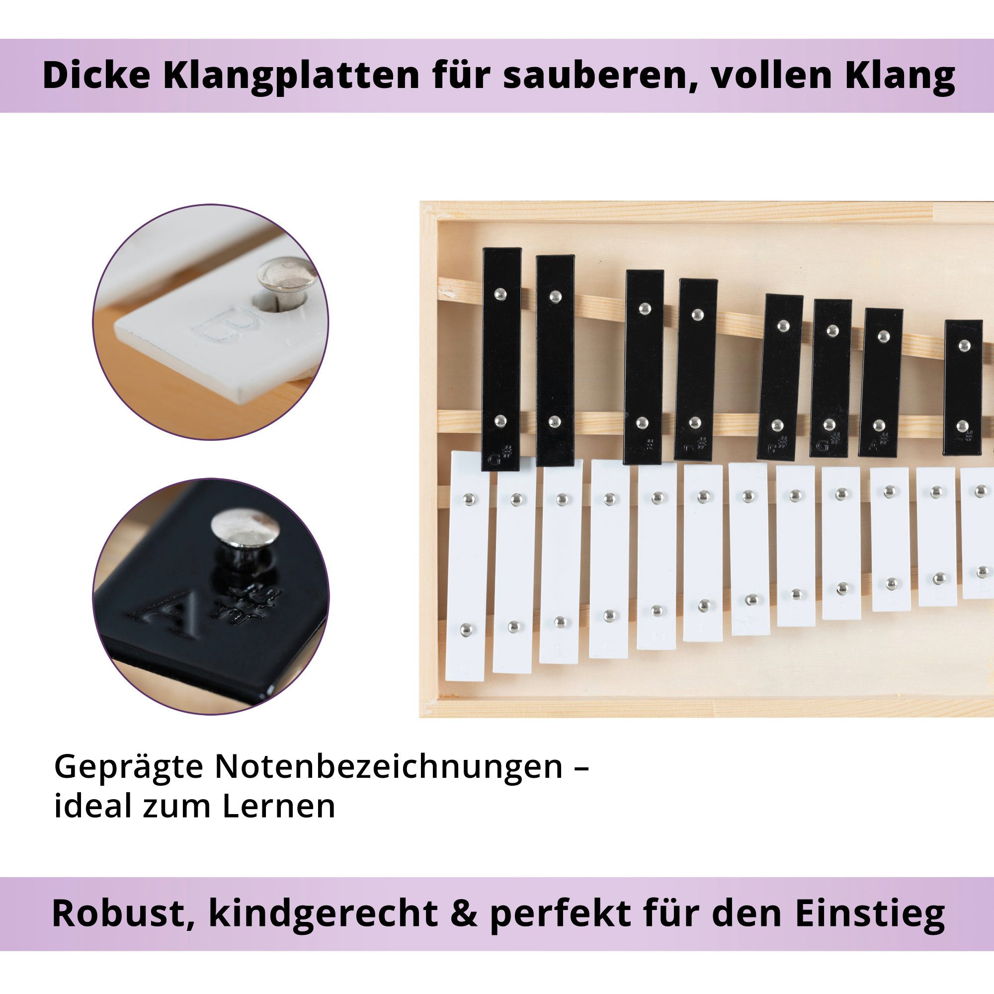 Classic Cantabile Glockenspiel Glockenspiel mit Holzbox Chromatisch - für musikalische Frühstarter, Inkl. praktischem Holzkoffer und 2 Schlägeln, Chromatisch 25 – Bild 5 von 5