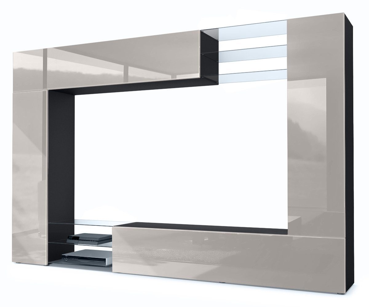 Vladon Wohnwand Mirage, (Anbauwand mit Rückwand mit 2 Türen, 4-St., 2 Klappen und 6 offenen Glasablagen), Schwarz matt/Sandgrau Hochglanz (262 x 183 x 39 cm) Front in Sandgrau Hochglanz