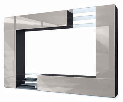 Vladon Wohnwand Mirage, (Anbauwand mit Rückwand mit 2 Türen, 4-St., 2 Klappen und 6 offenen Glasablagen), Schwarz matt/Sandgrau Hochglanz (262 x 183 x 39 cm)