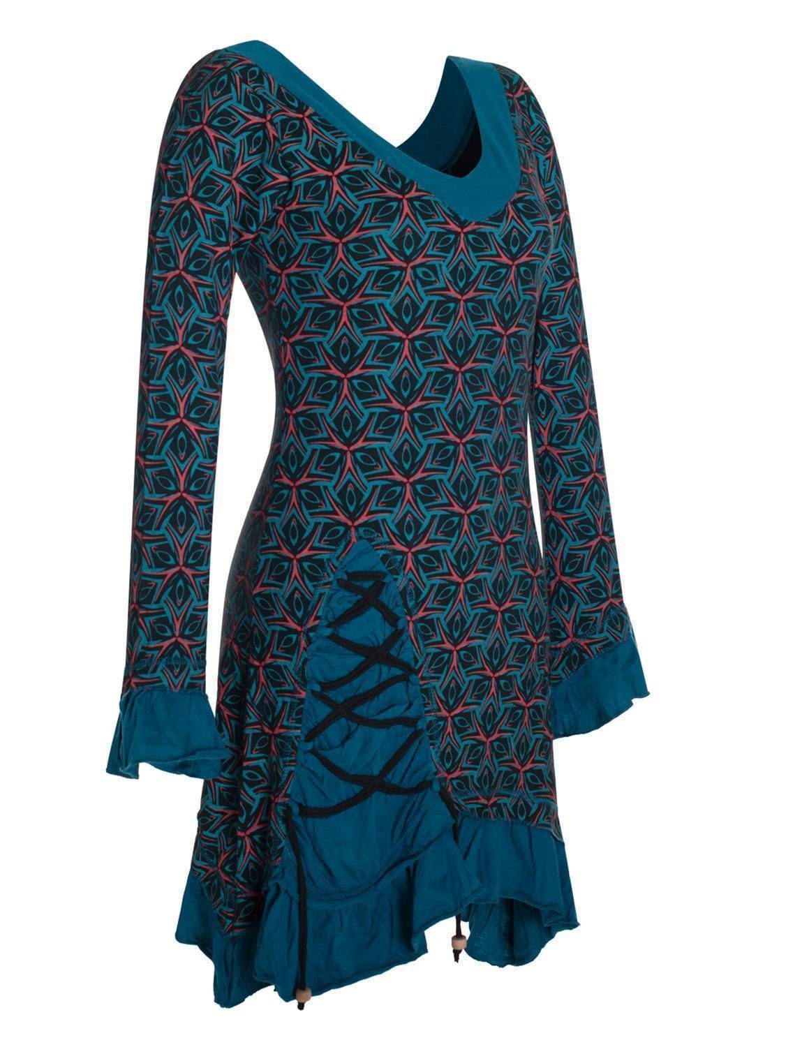 Vishes Zipfelkleid Langarm Kleid Bedruckt Asymmetrisch Rüschen Volant Elfen, Hippie, Festkleid schwarz