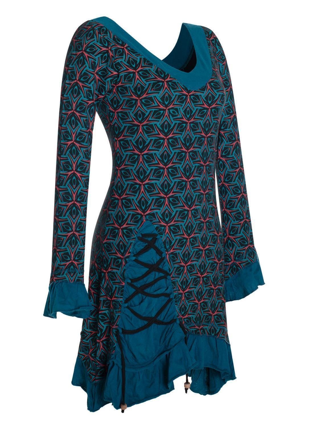 Zipfelkleid Langarm Kleid Bedruckt Asymmetrisch Rüschen Volant