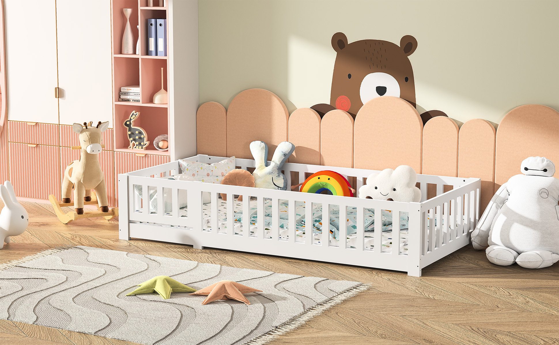 SEEZSSA Einzelbett Massivholzbett Holzbett Weiß Einzelbett mit Kopf und Fußteil Bett (90x200 cm Montessori Bodenbett Bett), mit Lattenrost und Rausfallschutz,Weiß-C