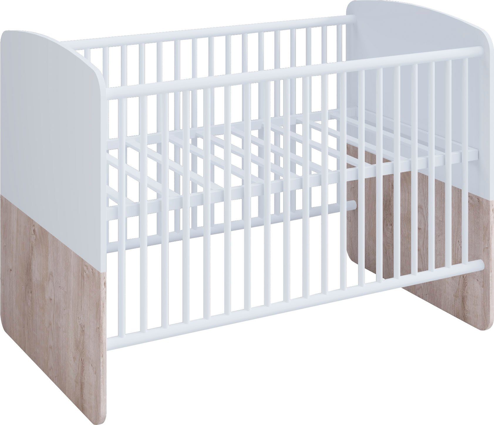 Lüttenhütt Babybett, Babybett mit Liegefläche 70 x 140 cm, höhenverstellbarer Lattenrost Weiß/Eiche Desmond