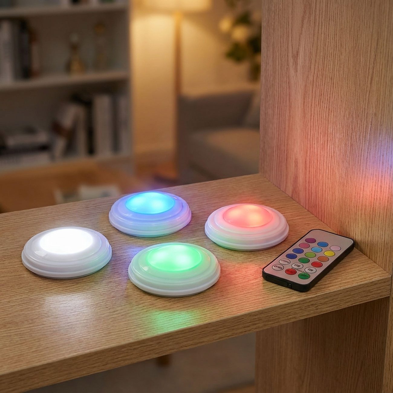 shop'n smile ideoon LED Unterbauleuchte 4er LED Push-Lichter Schrankleuchten Dimmbar Timer & Fernbedienung RGB, LED, Farbwechsel (12 Farben)/selbstklebend/3 LEDs pro Leuchte