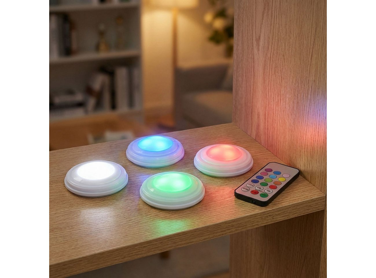 shop'n smile ideoon LED Unterbauleuchte 4er LED Push-Lichter Schrankleuchten Dimmbar Timer & Fernbedienung RGB, LED, Farbwechsel (12 Farben)/selbstklebend/3 LEDs pro Leuchte