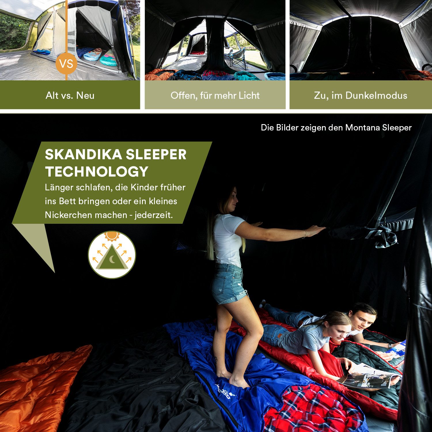 Skandika Gruppenzelt Nimbus 12 Sleeper, Familienzelt mit 3 nachtschwarzen Schlafkabinen, Personen: 12, wasserdicht, 5000 mm Wassersäule, 2,15m Stehhöhe, großes Campingzelt