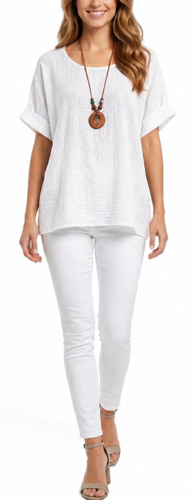 dy_mode Kurzarmbluse Damen Kurzarm Bluse Leichte Sommer Tunika Baumwollbluse Oberteil in Unifarbe, mit passende Kette