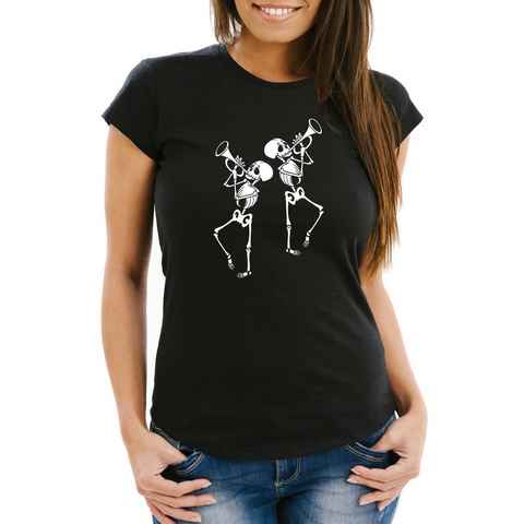 MoonWorks Print-Shirt Damen T-Shirt Spooktober Skeletons Skelette Trompete Slim Fit Moonworks® mit Print