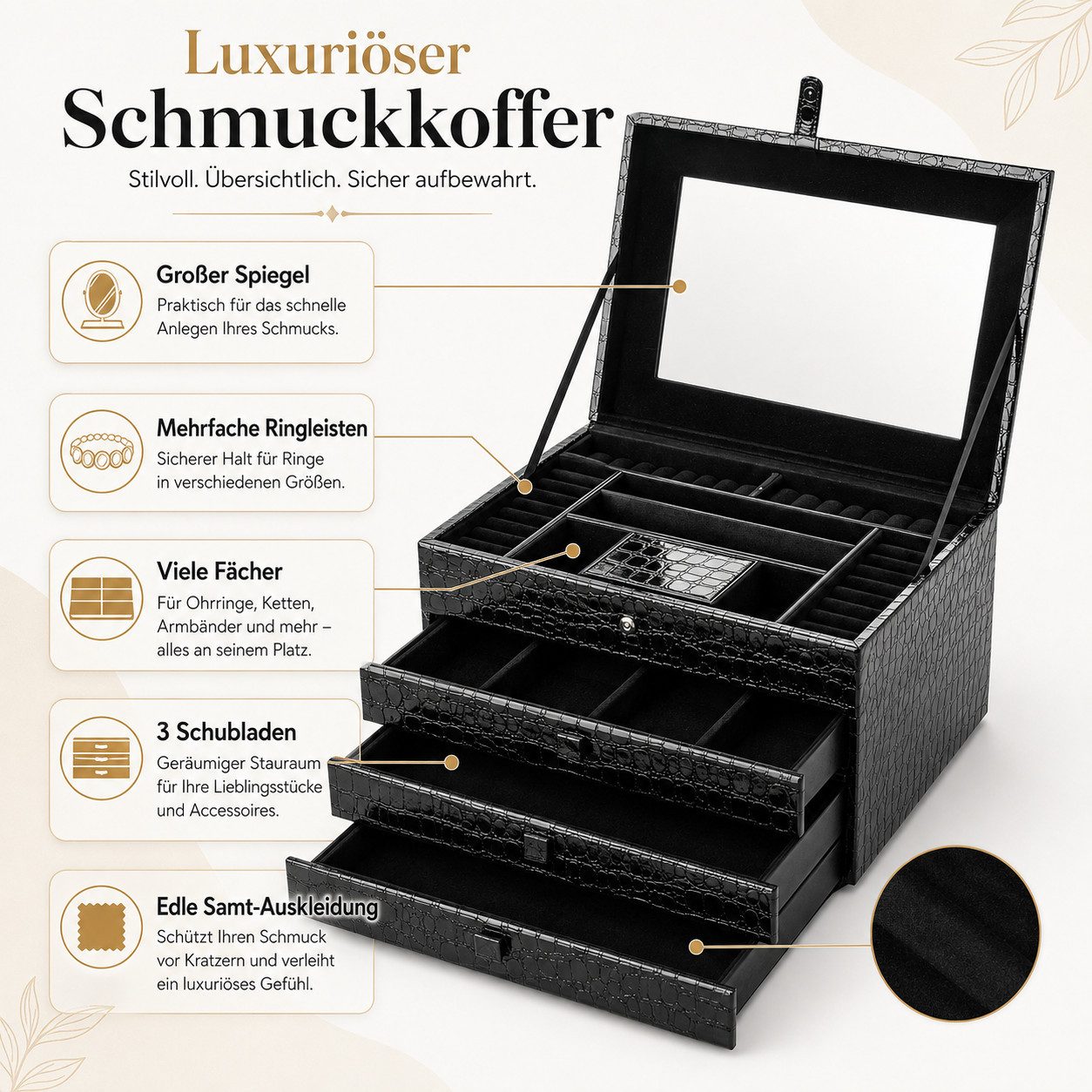 BRUBAKER Schmuckkoffer Extravaganter Schmuckkoffer in exklusiver Lederoptik (1 St), Krokodilleder-Optik Schwarz – Bild 2 von 5