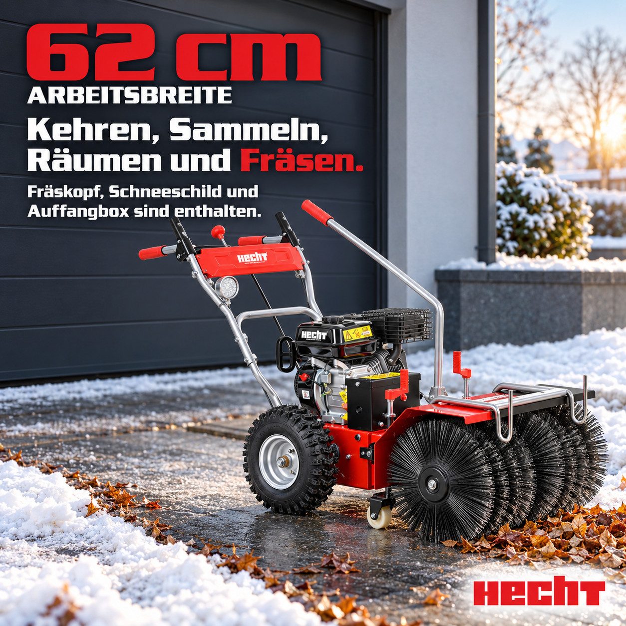 Hecht Benzin-Kehrmaschine 8616 SE mit Auffangbehälter, Schneeschild, Schneefräse, 62 cm Arbeitsbreite, (4-tlg), Elektrostart, 6,5 PS. 230V – Bild 2 von 5