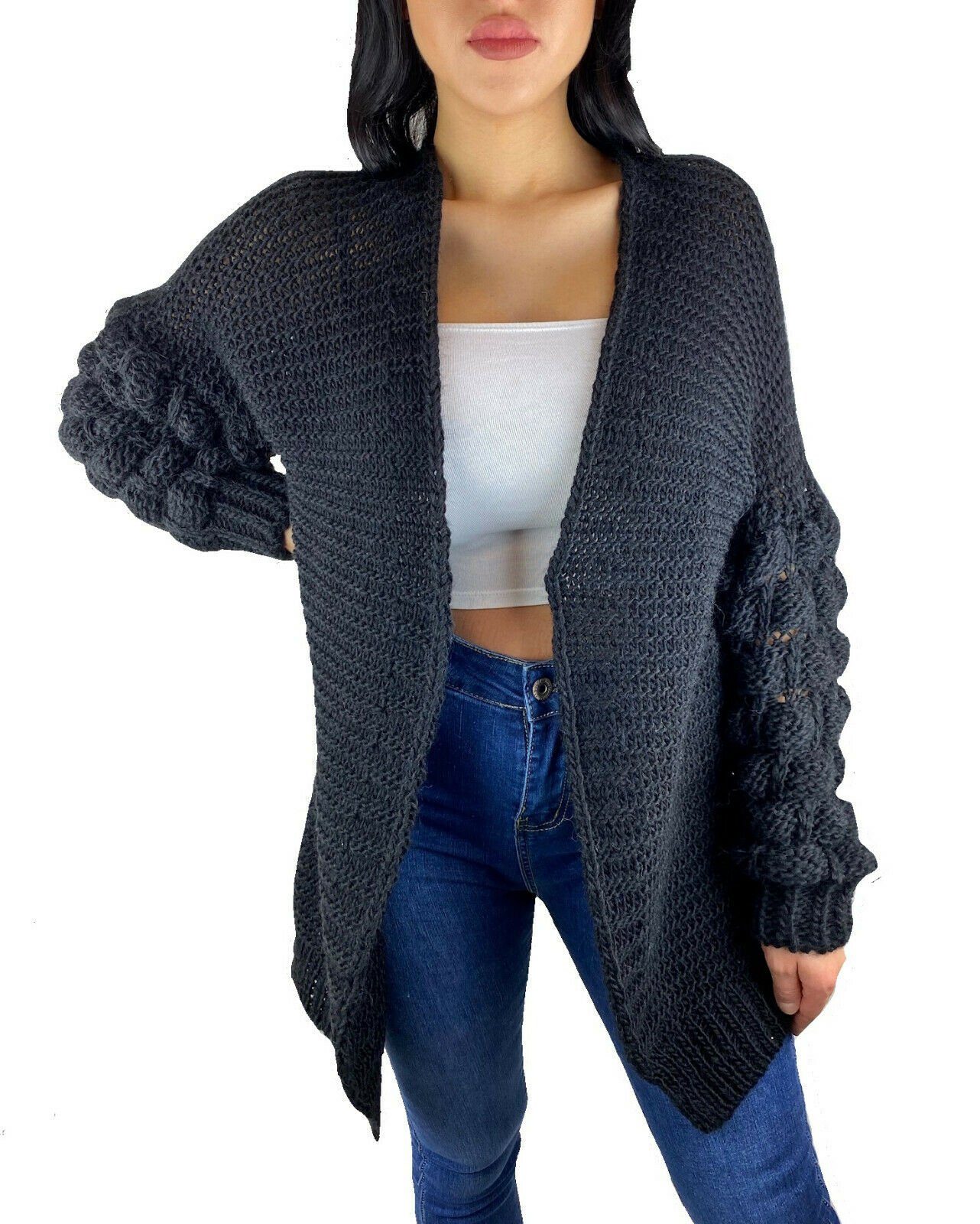 Worldclassca Longstrickjacke Worldclassca Damen Strickjacke mit Bommel Ärmel lang Cardigan Strickmantel Strick Winter Pullover Pulli Blogger Neu