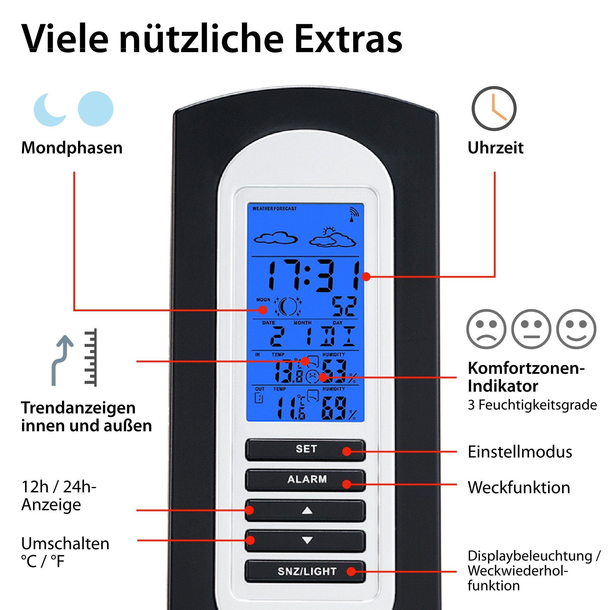 ADE mit Außensensor, Wetterstation Luftfeuchtigkeit, Wettervorhersage) mit Funkwetterstation Uhrzeit, Funk (mit Außensensor, Temperatur, Vorhersage