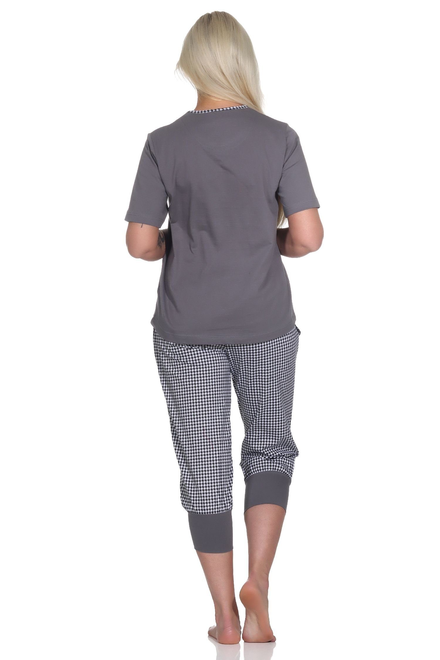 Normann Pyjama Damen Capri Schlafanzug grau auch Pepita-Look, Übergrößen in kurzarm im