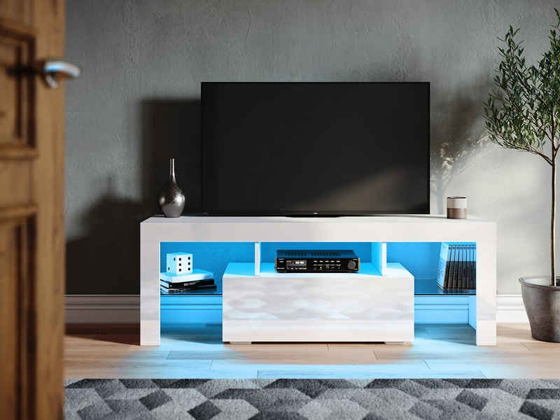 SONNI Lowboard TV Lowboard weiß Hochglanz mit LED Beleuchtung Breite 130 cm, tv schrank in wohnzimmer, sideboards