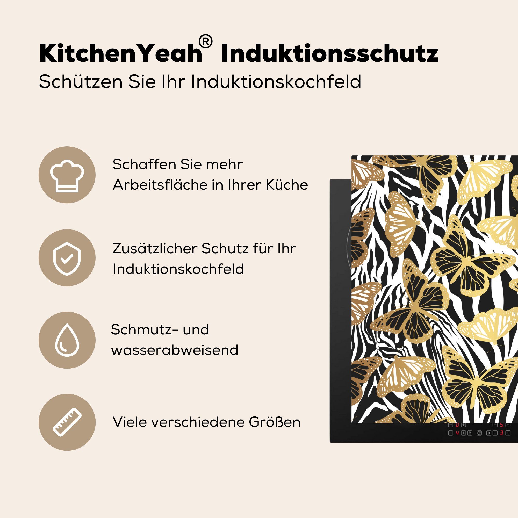 Zebra küche 78x78 cm, Herdblende-/Abdeckplatte Schmetterling, tlg), - Ceranfeldabdeckung, für MuchoWow Vinyl, (1 Arbeitsplatte Muster -