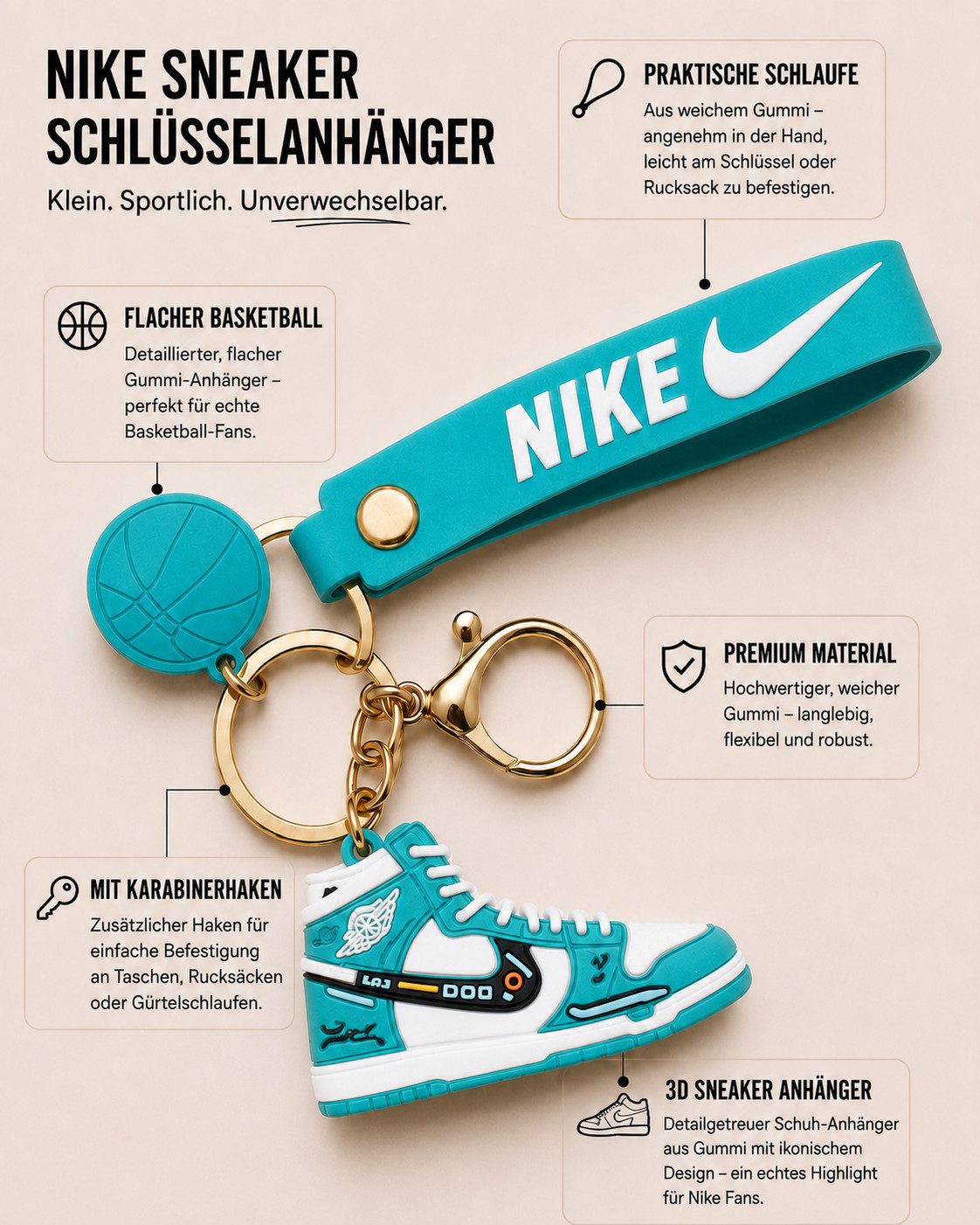 soma Schlüsselanhänger Sneaker-Rucksackanhänger Bag 6cm Basketball & Karabiner grün türkis (Set, 1-tlg., Geschenk-Set), Sportlicher Sneaker-Anhänger mit Basketb – Bild 4 von 5