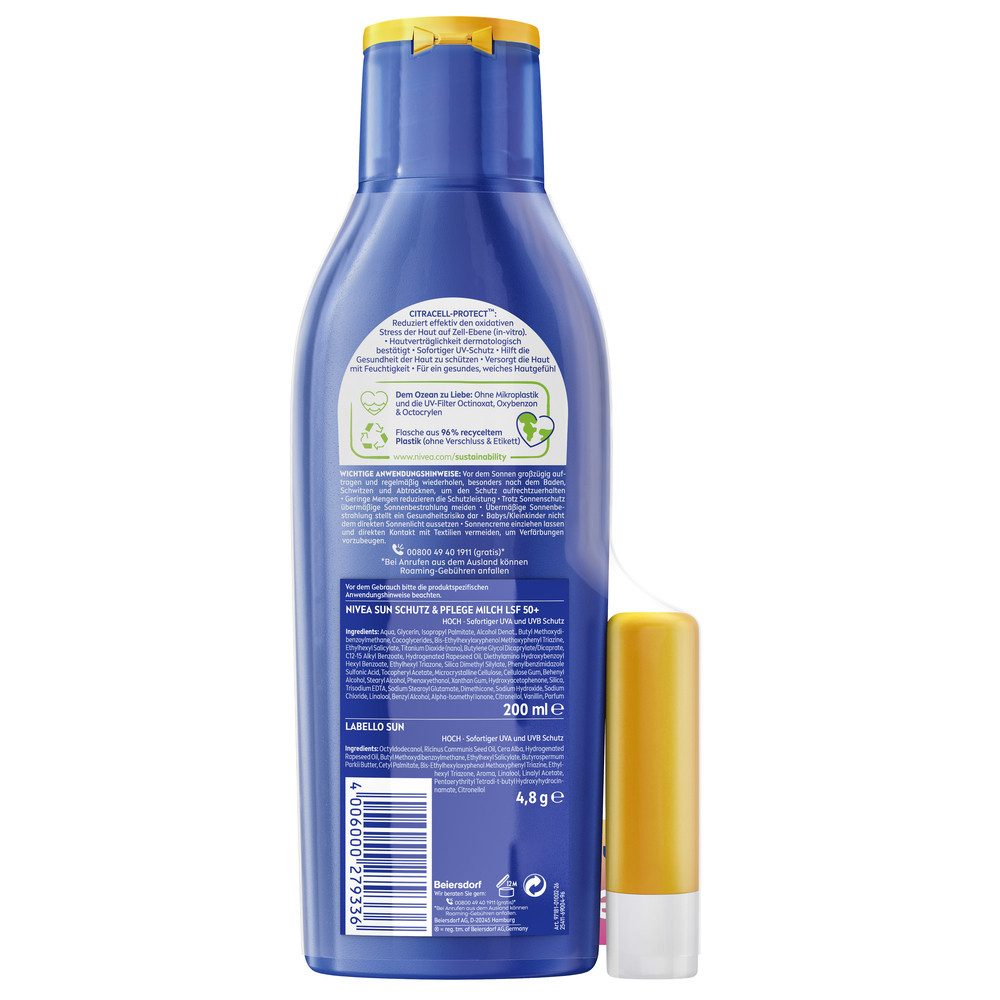 Nivea Sun Sonnenschutzlotion Schutz & Pflege Lotion LSF50+ mit Labello Sun Gratis, 2-tlg., mit Vitamin C & Hyaluron für doppelten Zellschutz