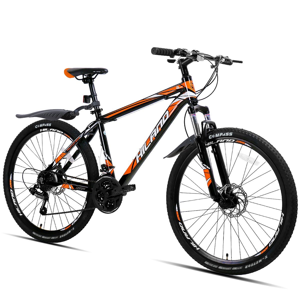 Herren 21 Orange Schaltwerk, Gang HILAND - Mountainbike Damen Herren Hardtail 180 Kettenschaltung, und Fahrrad, mit Tourney Gang 160 und Damen Shimano Dreiecktasche), 21 für cm Fahrrad MTB Zoll Schutzblechen und Mountainbike (set, 26/27.5 Jugendliche